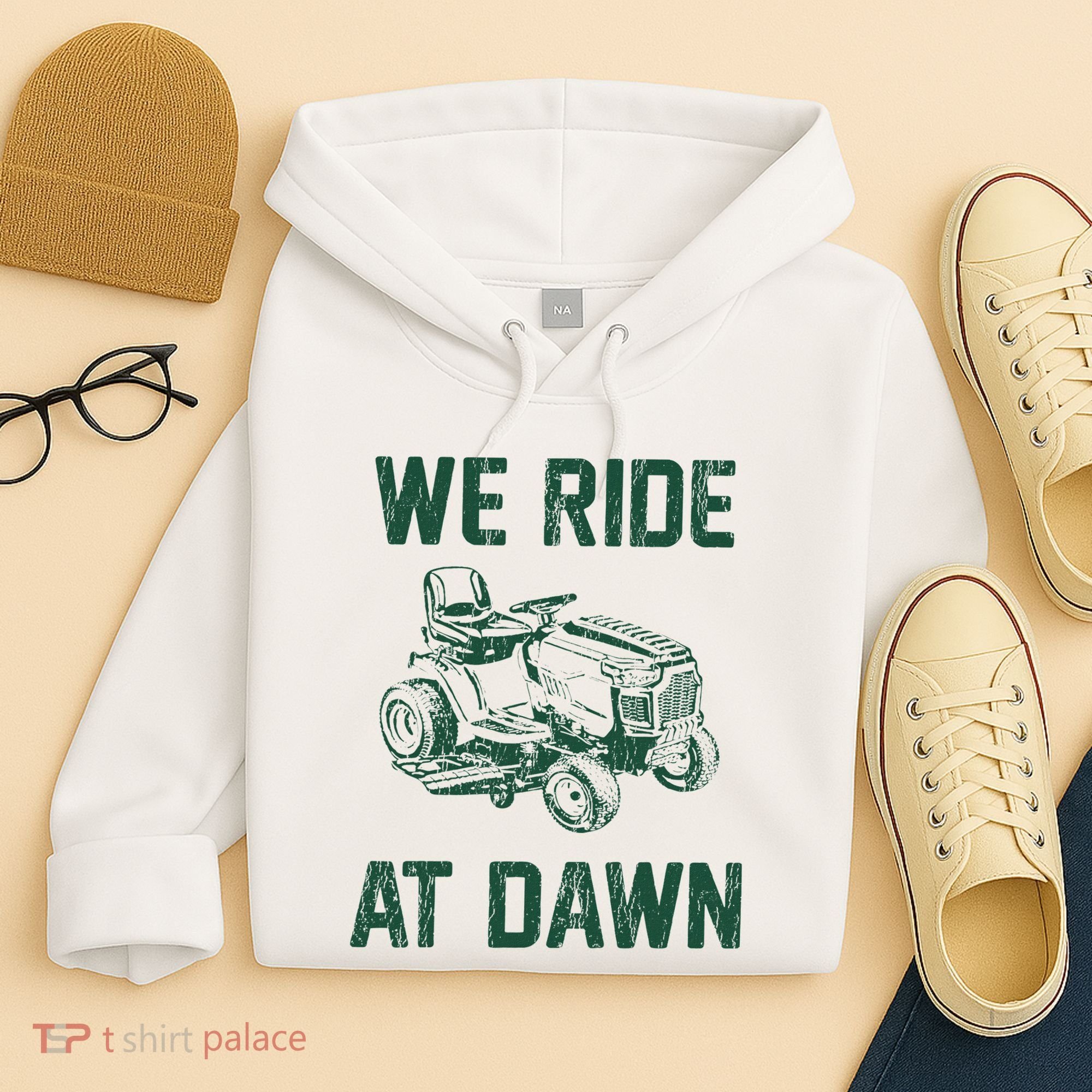 We Ride At Dawn Retro Lawn Mowing Dad Funny Mower Hoodie