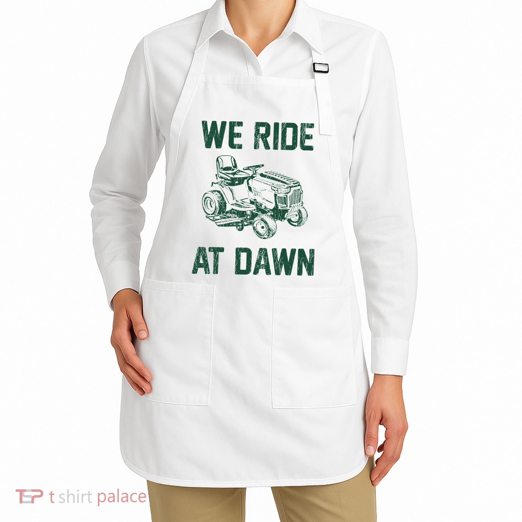 We Ride At Dawn Retro Lawn Mowing Dad Funny Mower Apron