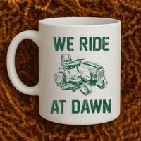 We Ride At Dawn Retro Lawn Mowing Dad Funny Mower Coffee Mug thumb 2