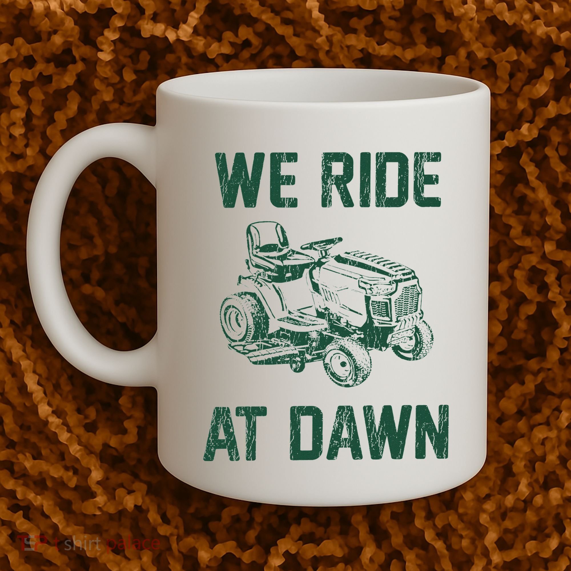 We Ride At Dawn Retro Lawn Mowing Dad Funny Mower Coffee Mug