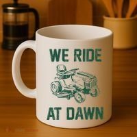 We Ride At Dawn Retro Lawn Mowing Dad Funny Mower Coffee Mug thumb 4