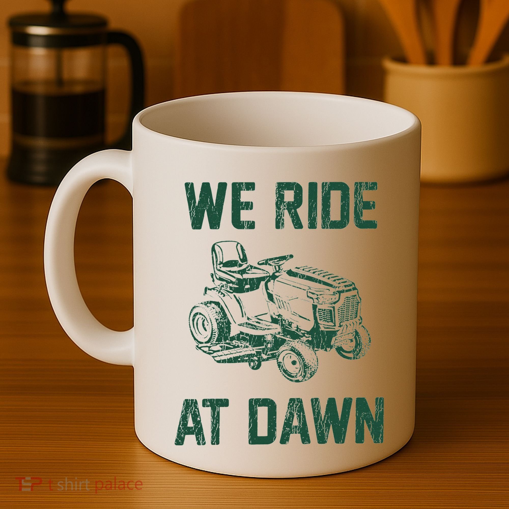 We Ride At Dawn Retro Lawn Mowing Dad Funny Mower Coffee Mug