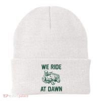 We Ride At Dawn Retro Lawn Mowing Dad Funny Mower Beanie thumb 0