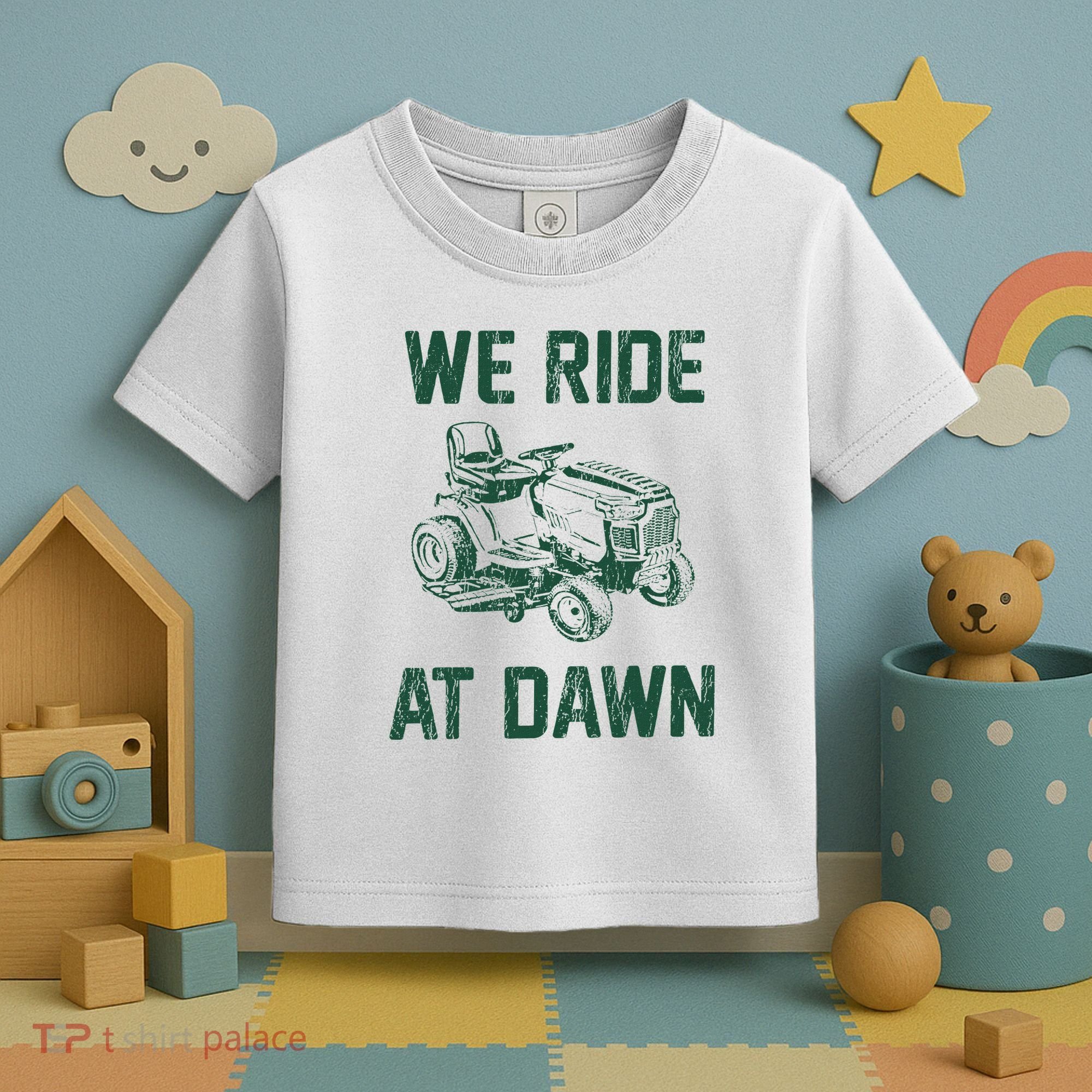 We Ride At Dawn Retro Lawn Mowing Dad Funny Mower Toddler T-Shirt
