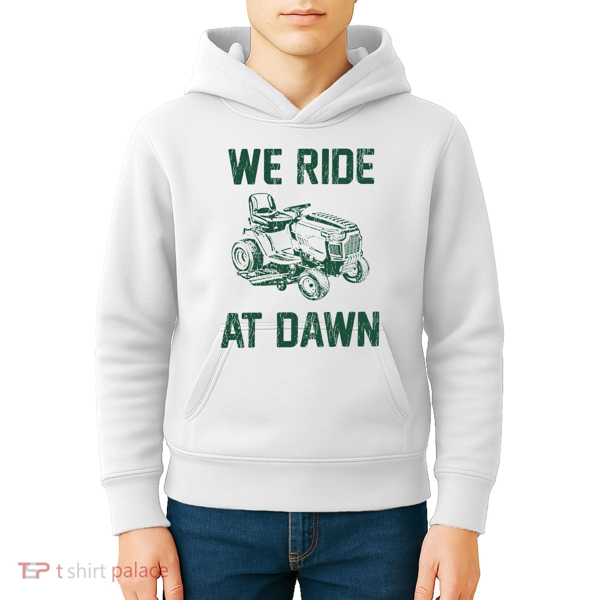 We Ride At Dawn Retro Lawn Mowing Dad Funny Mower Kids Hoodie