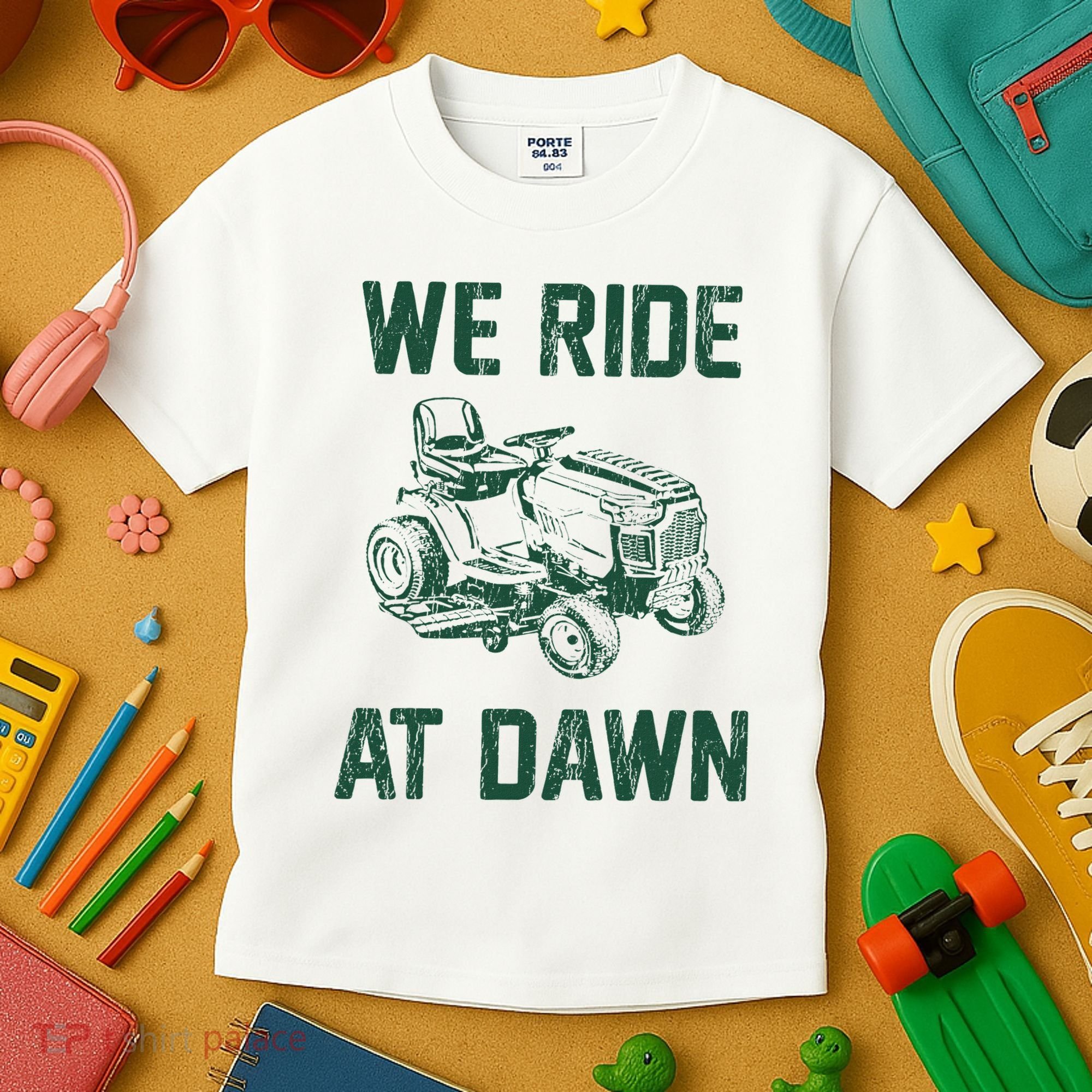 We Ride At Dawn Retro Lawn Mowing Dad Funny Mower Kids T-Shirt
