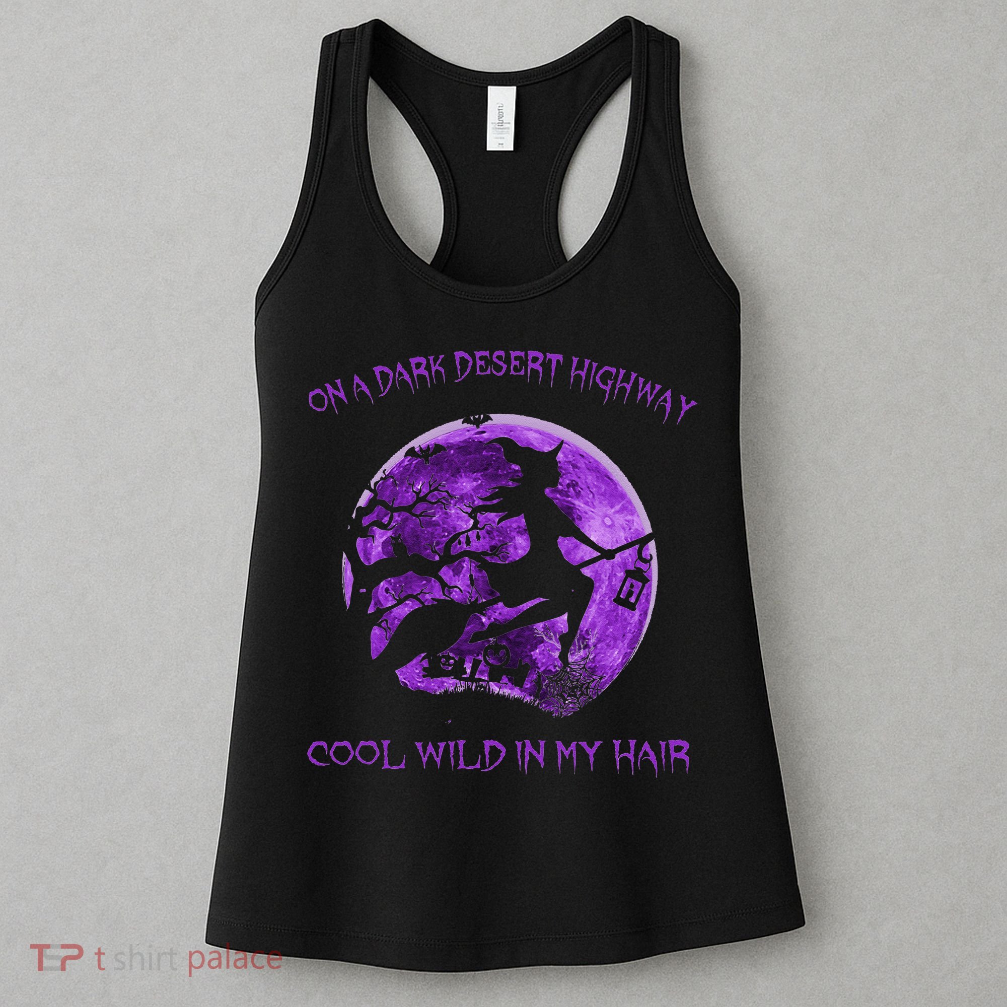 Witch Riding Brooms On A Dark Desert Highways Halloween Women's Tank Top