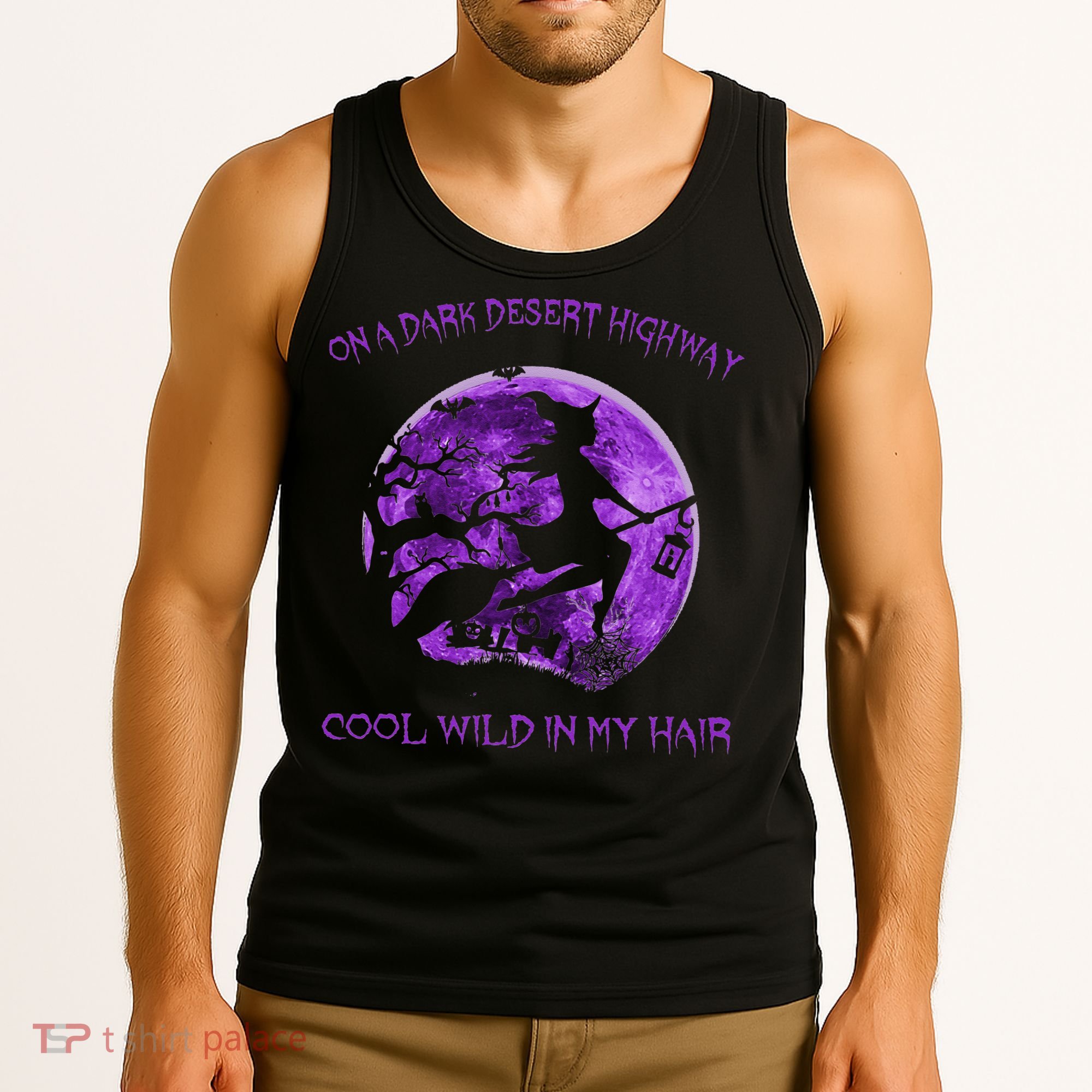 Witch Riding Brooms On A Dark Desert Highways Halloween Tank Top