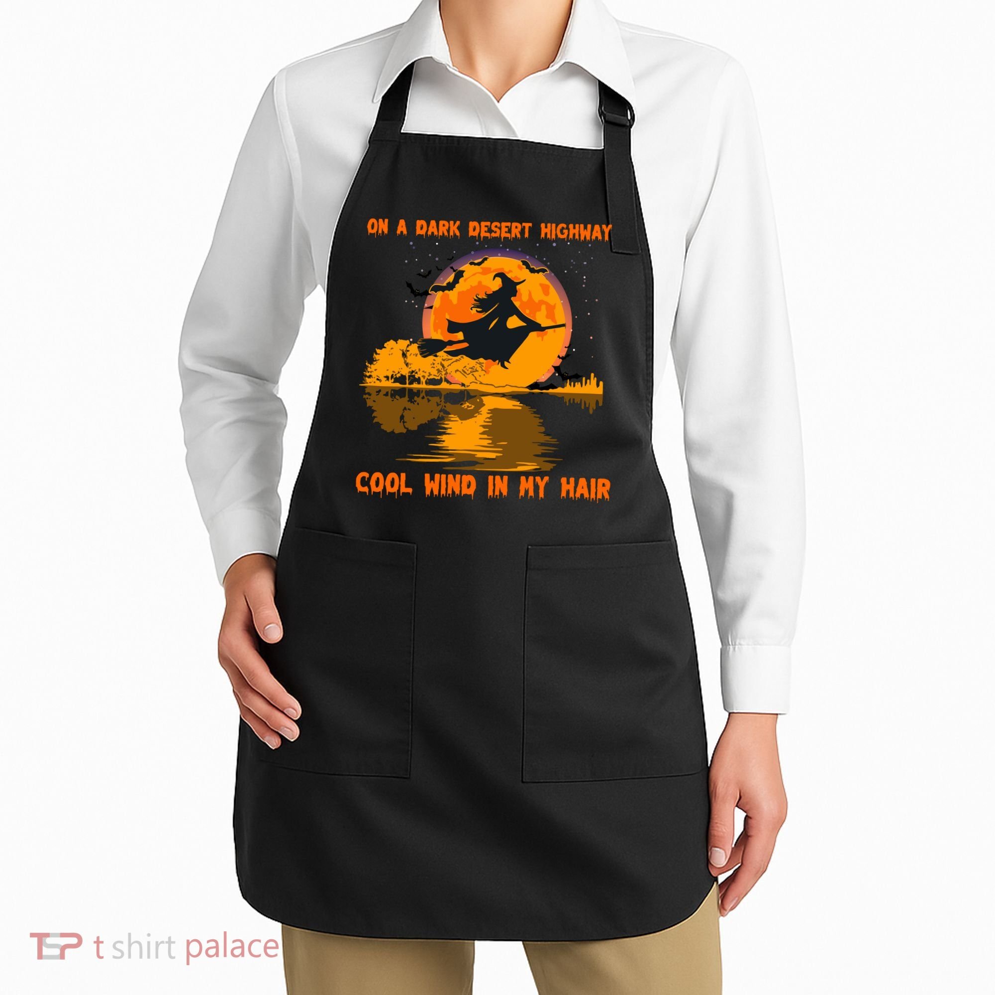 Witch Riding Brooms On A Dark Desert Highways Halloween Apron