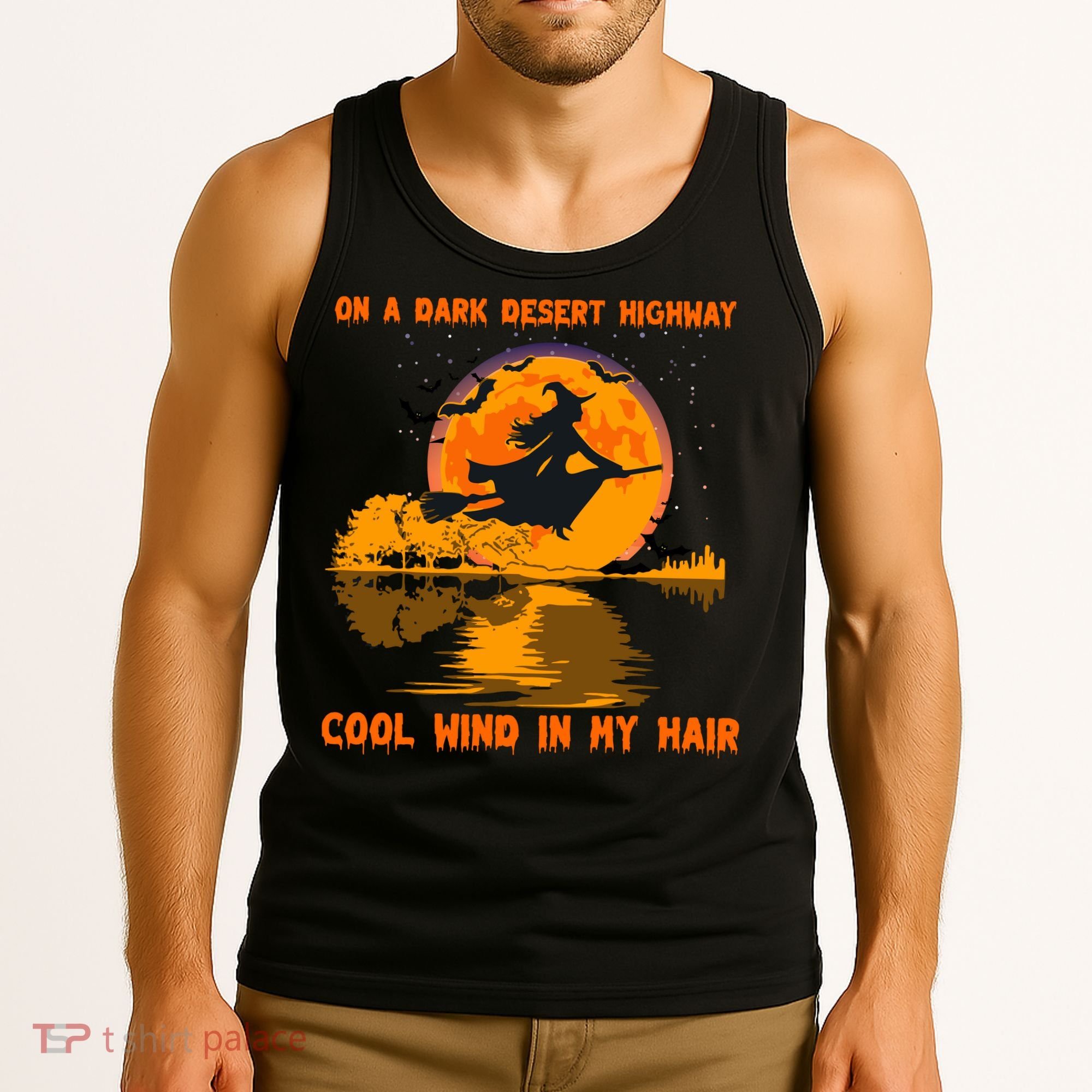 Witch Riding Brooms On A Dark Desert Highways Halloween Tank Top