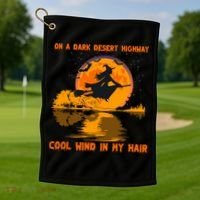 Witch Riding Brooms On A Dark Desert Highways Halloween Golf Towel thumb 1
