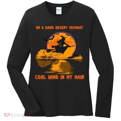 Witch Riding Brooms On A Dark Desert Highways Halloween Women's Long Sleeve Shirt