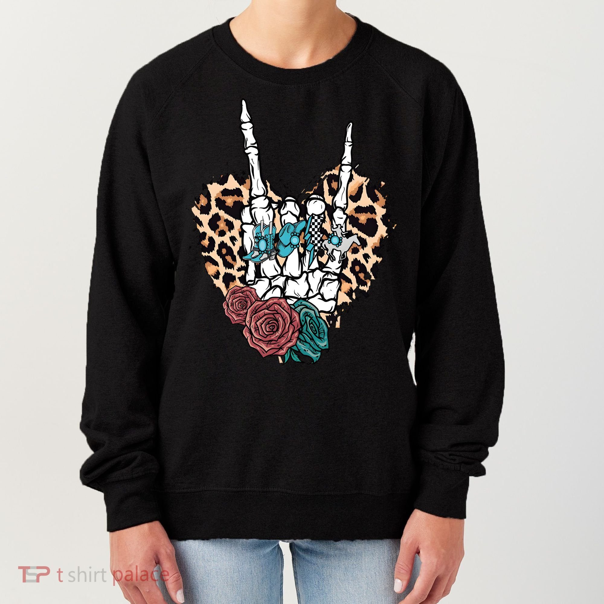 Western Rock On Skeleton Hand Halloween Women's Sweatshirt