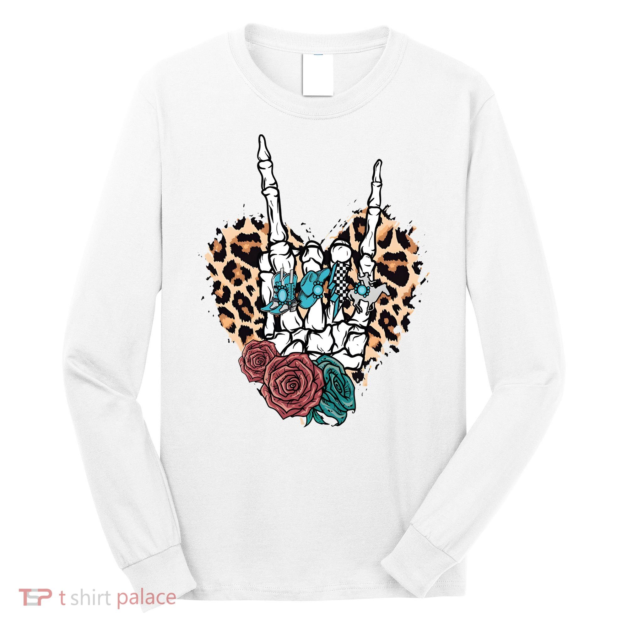 Western Rock On Skeleton Hand Halloween Long Sleeve Shirt