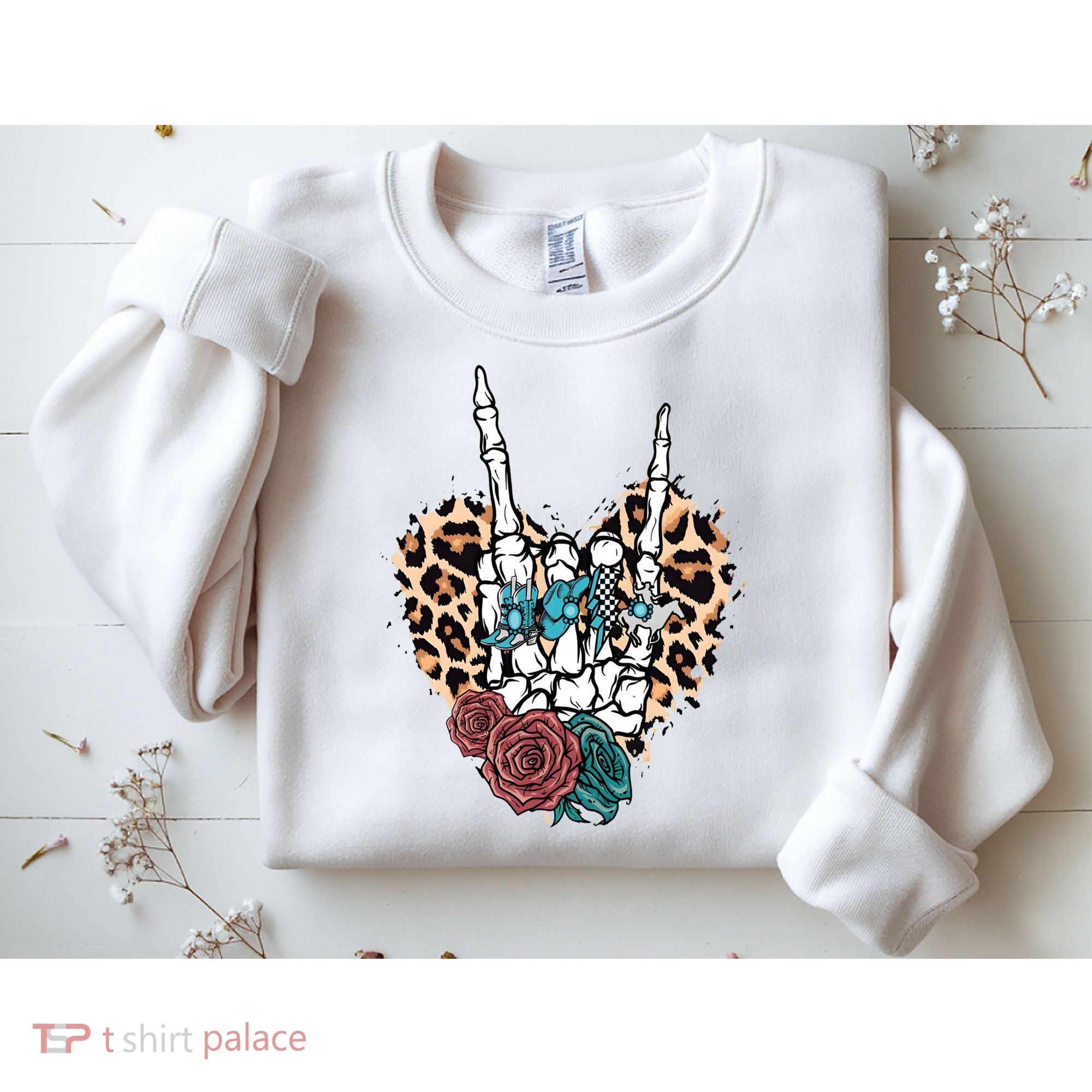 Western Rock On Skeleton Hand Halloween Sweatshirt