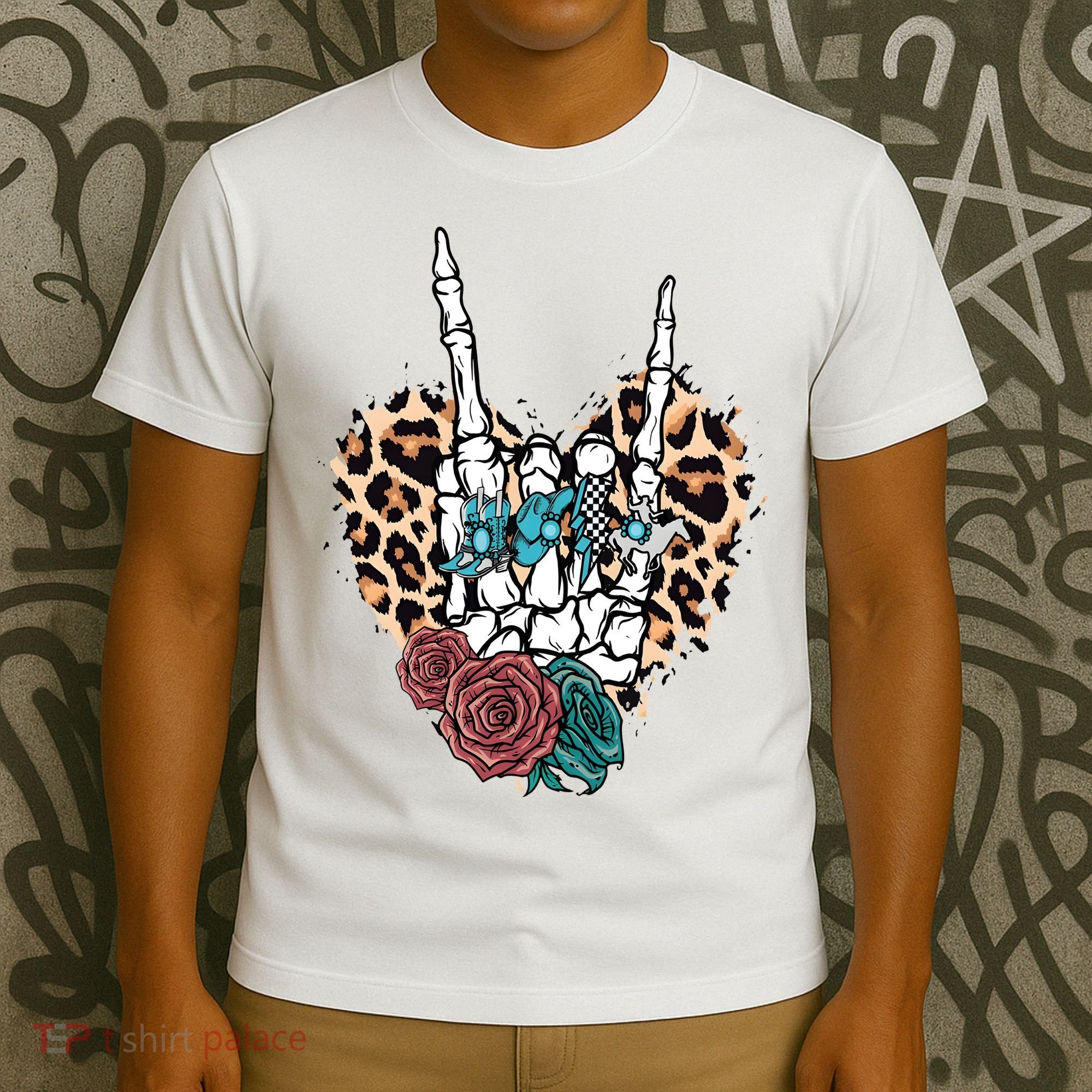 Western Rock On Skeleton Hand Halloween T-Shirt