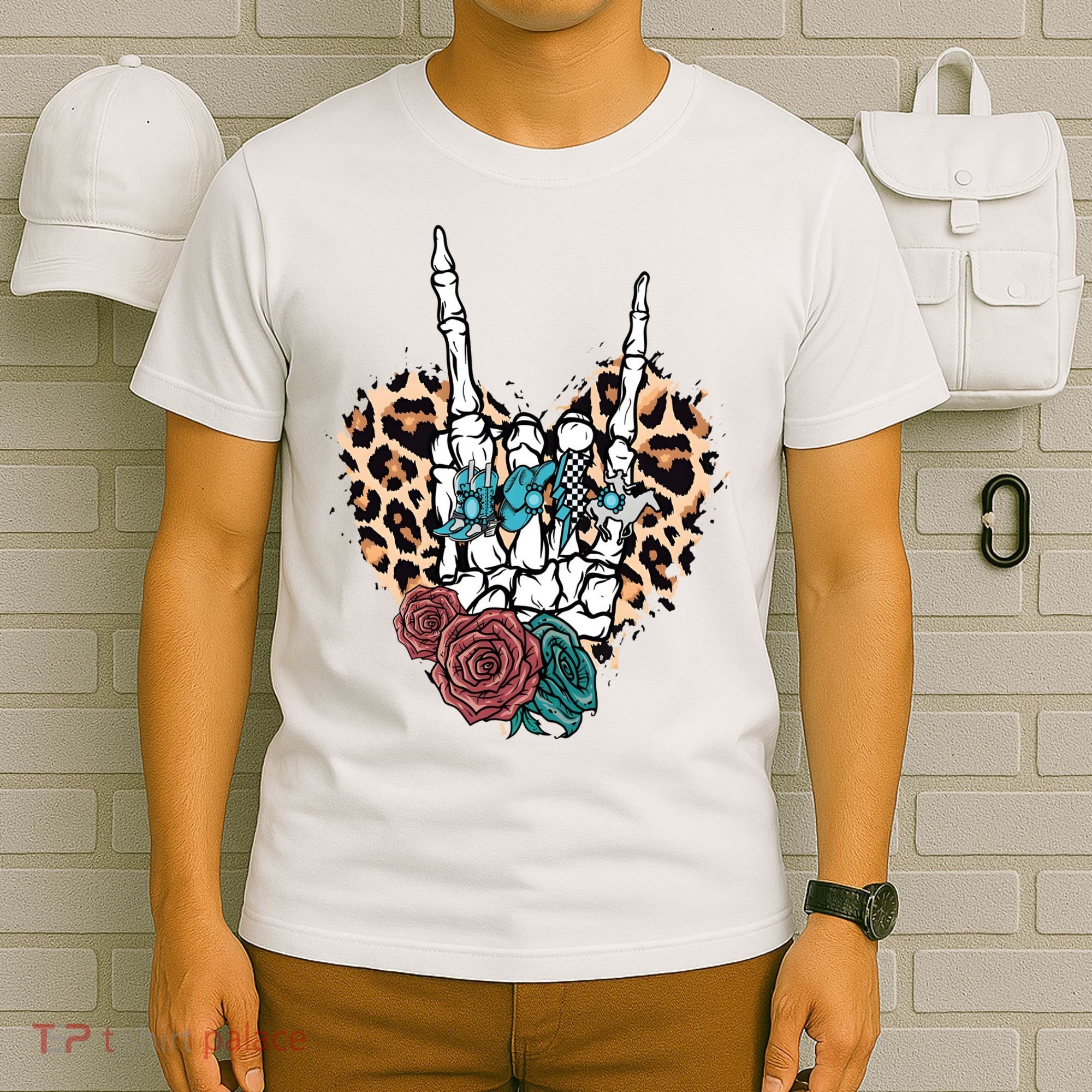 Western Rock On Skeleton Hand Halloween T-Shirt