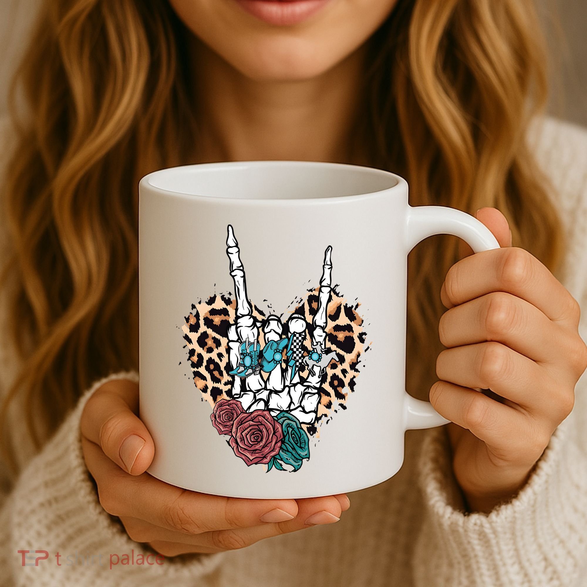 Western Rock On Skeleton Hand Halloween Coffee Mug