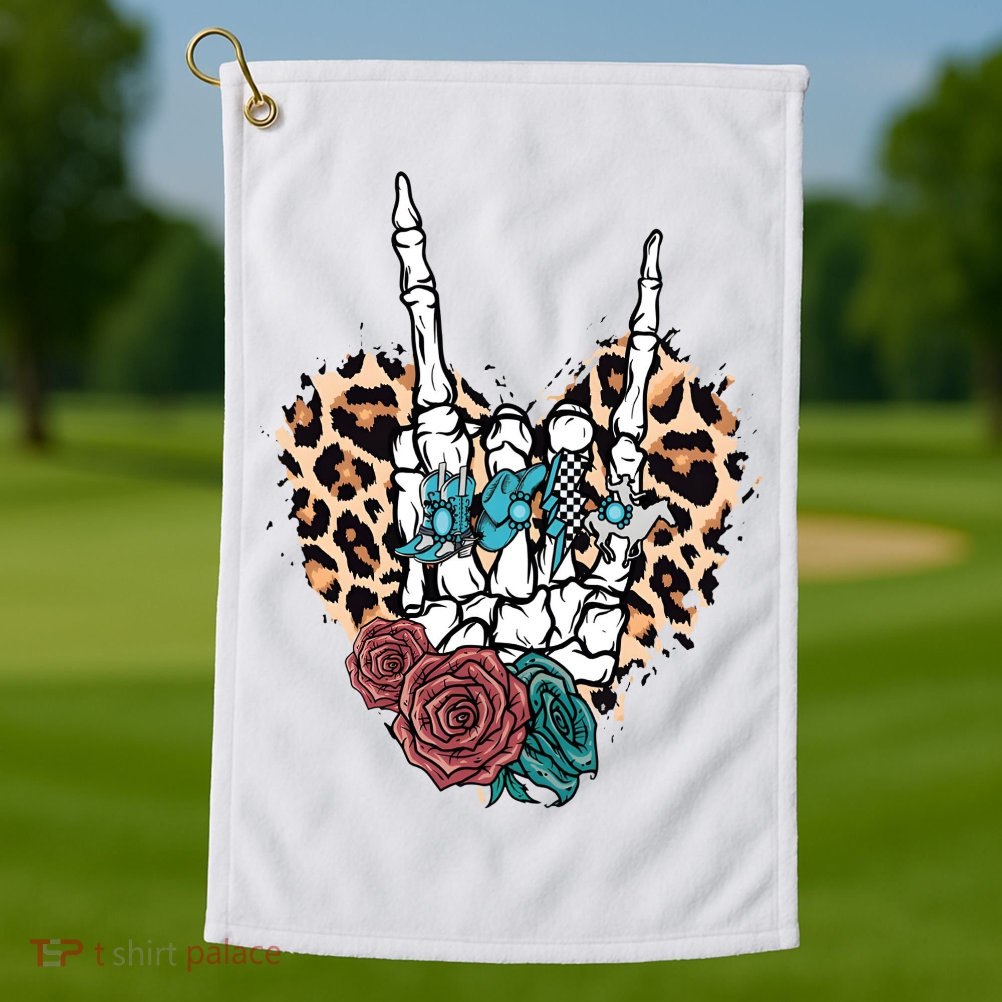 Western Rock On Skeleton Hand Halloween Golf Towel