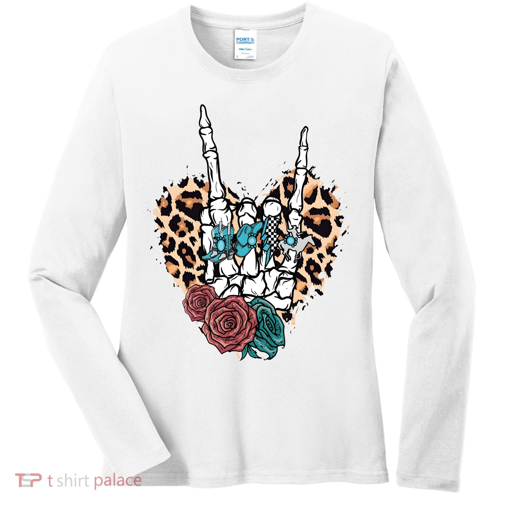Western Rock On Skeleton Hand Halloween Women's Long Sleeve Shirt
