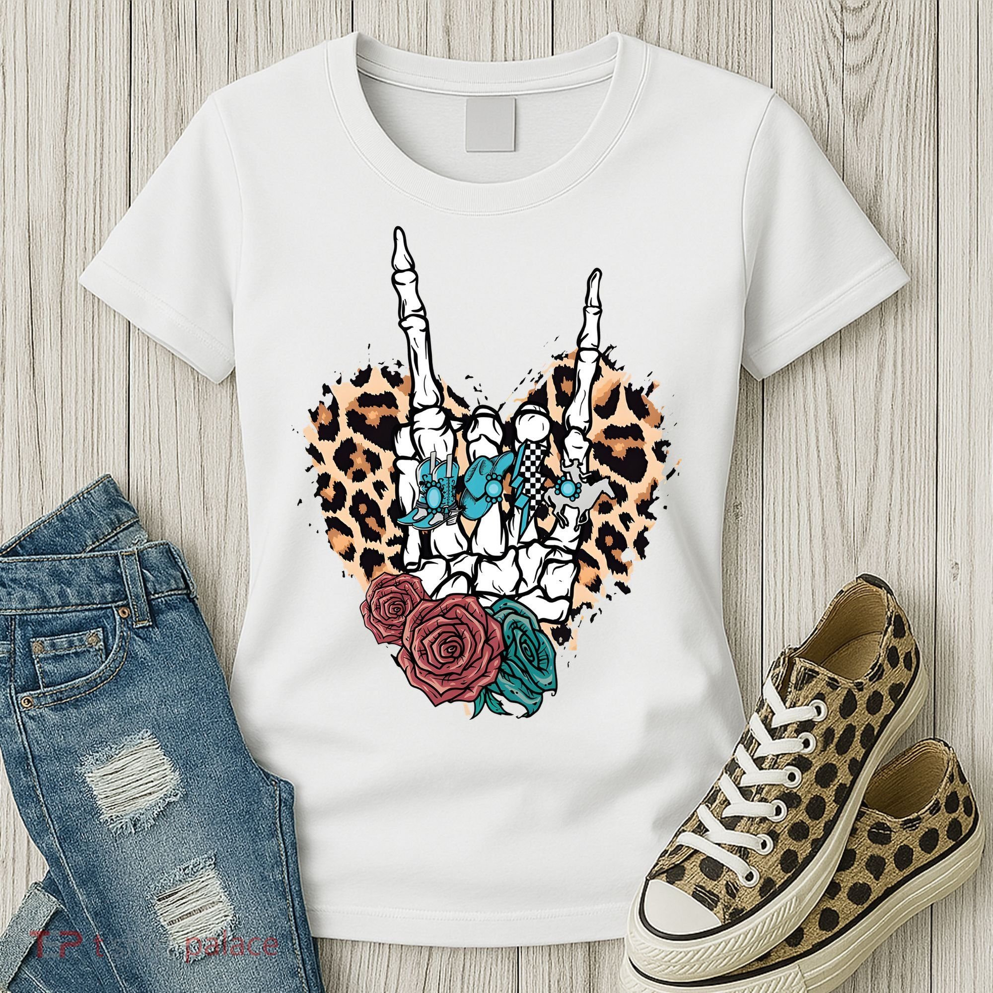 Western Rock On Skeleton Hand Halloween Women's T-Shirt