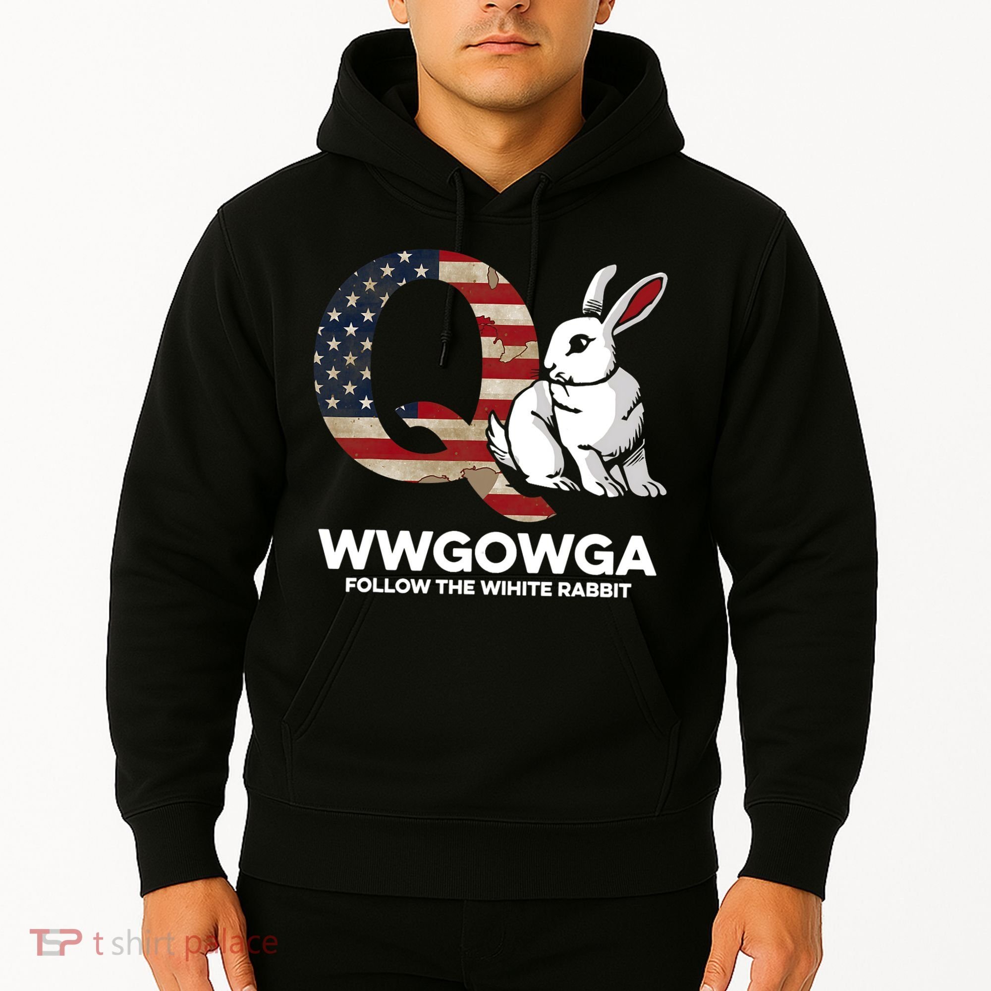 White Rabbit US Flag Q Anon Hoodie