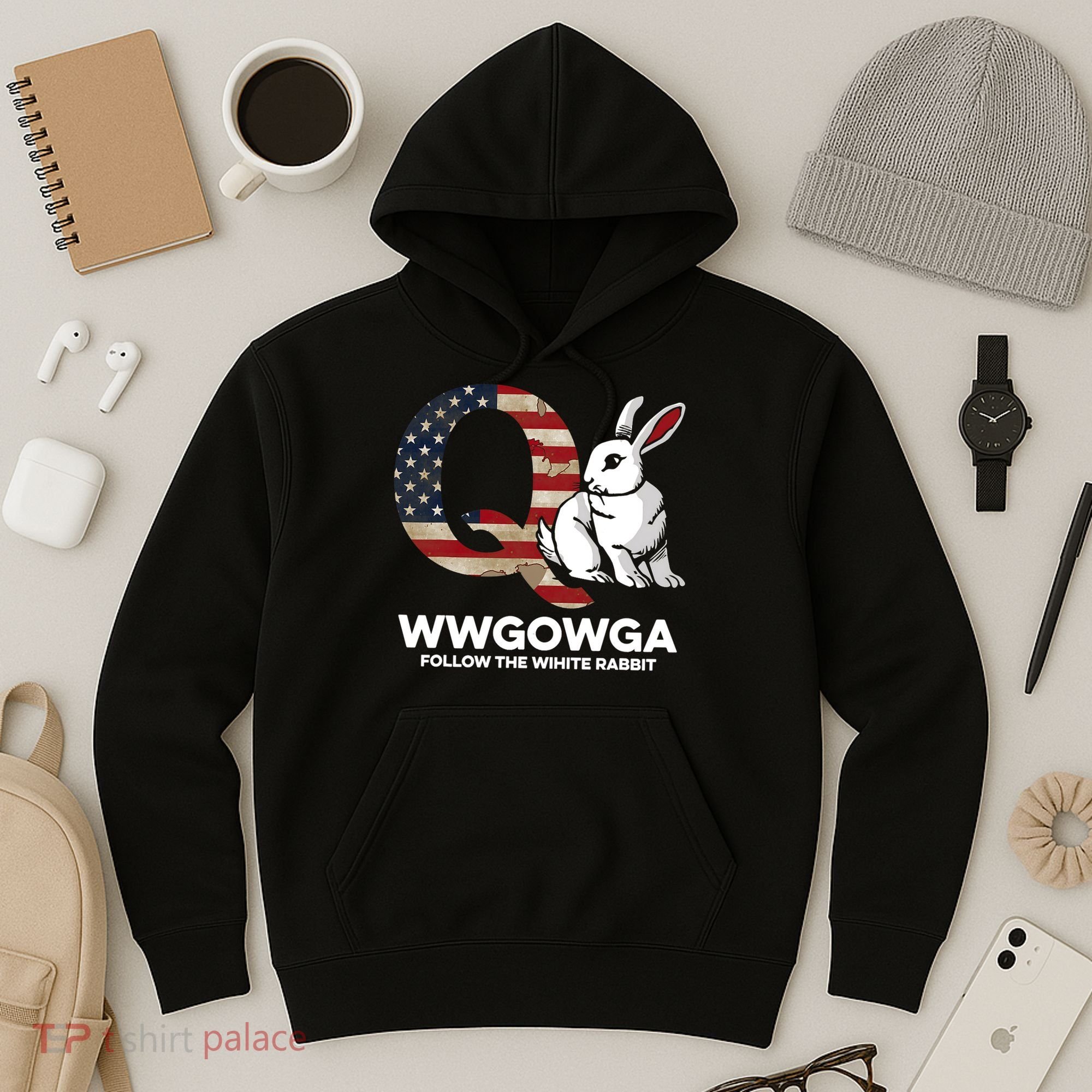 White Rabbit US Flag Q Anon Hoodie
