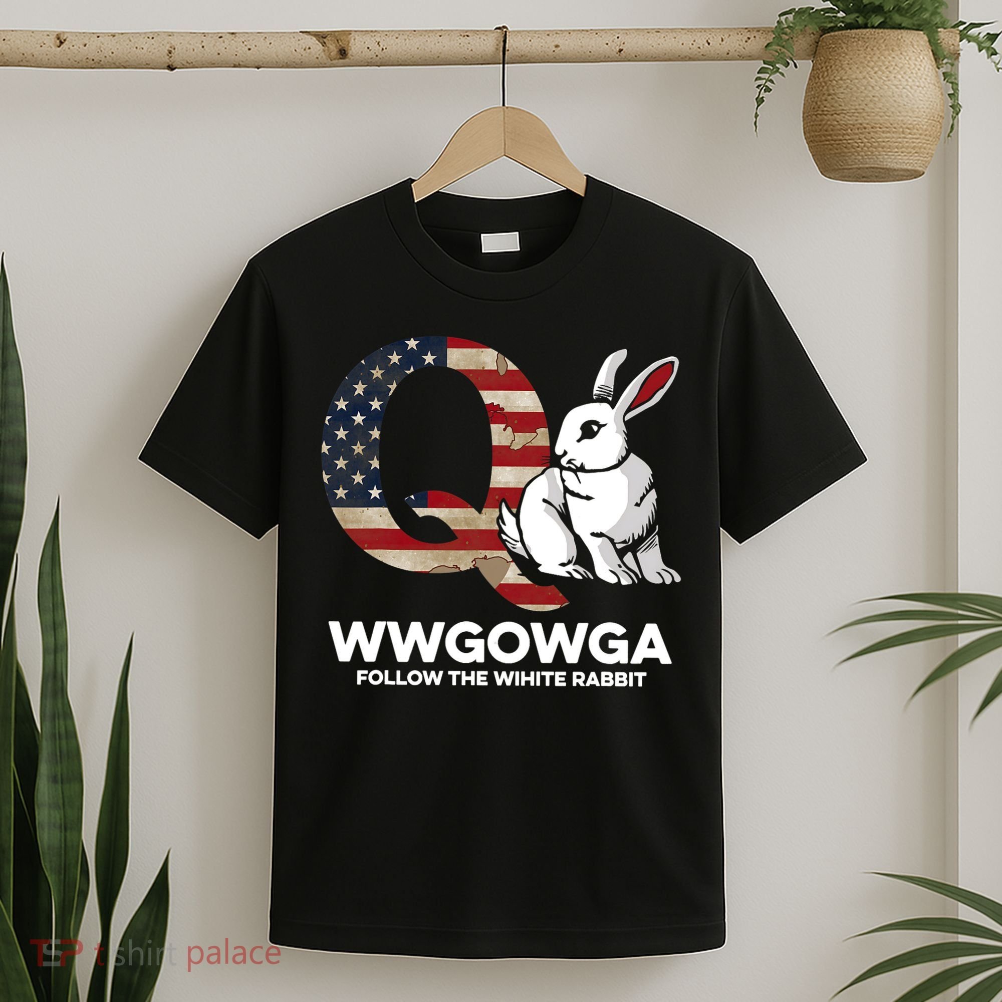 White Rabbit US Flag Q Anon T-Shirt