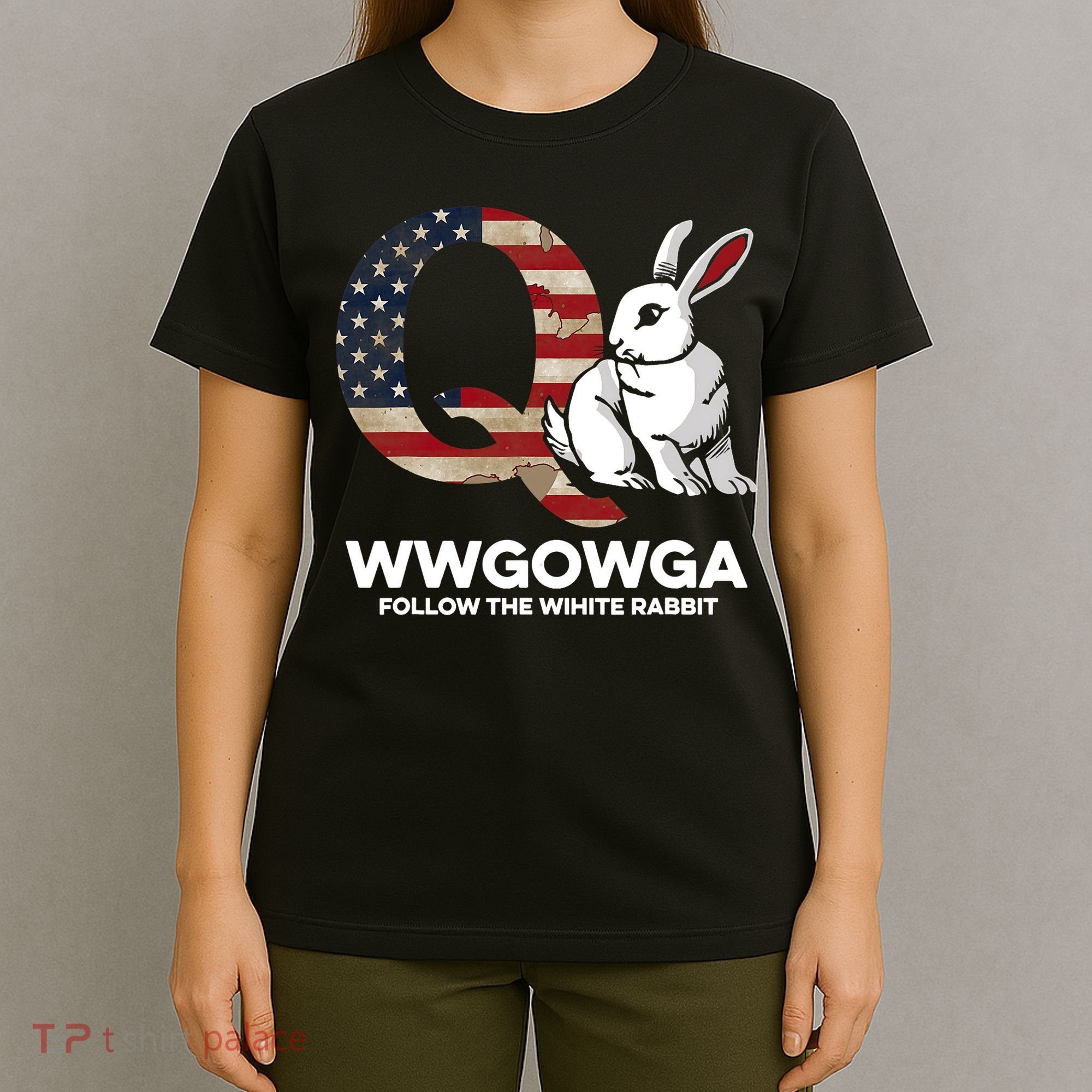 White Rabbit US Flag Q Anon T-Shirt