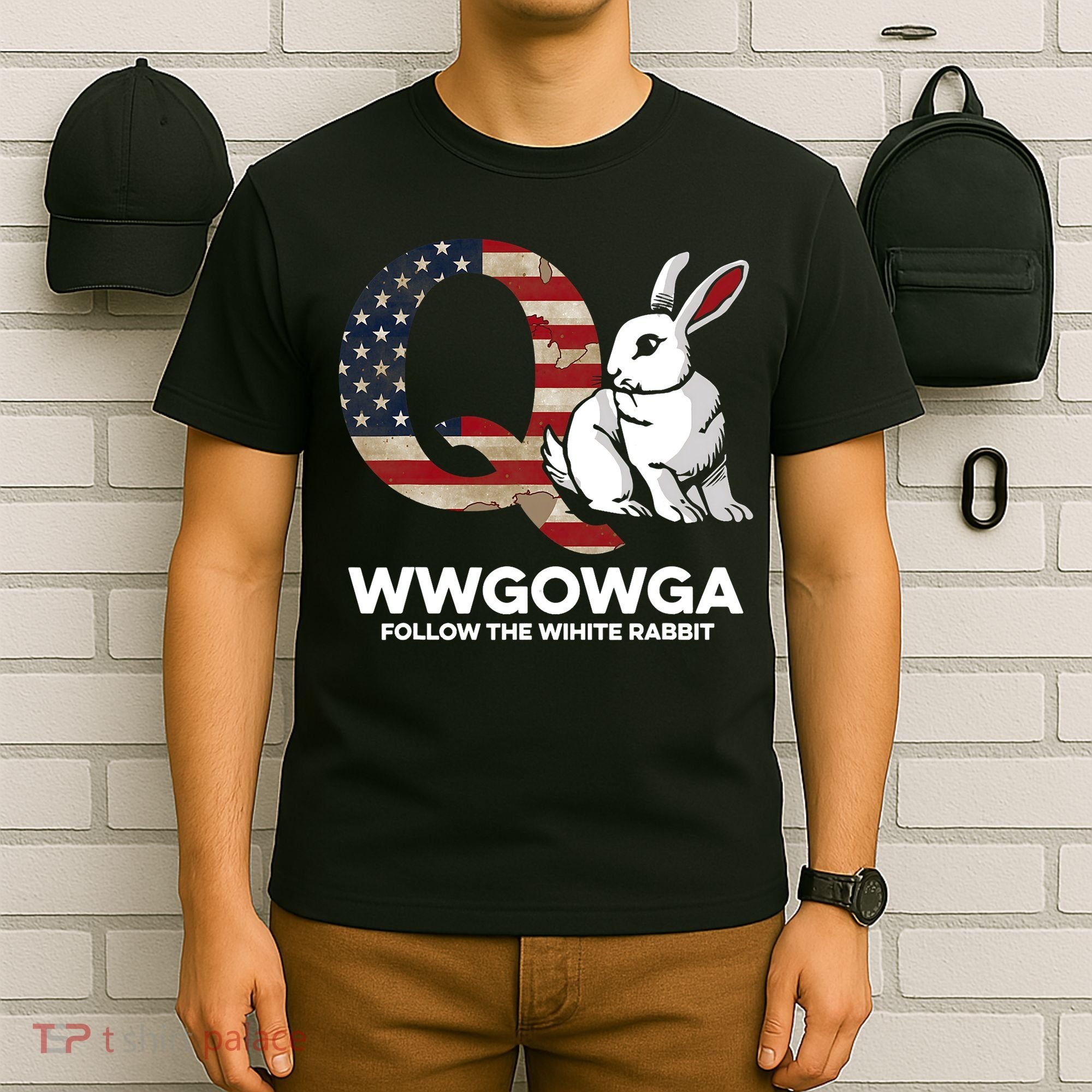 White Rabbit US Flag Q Anon T-Shirt