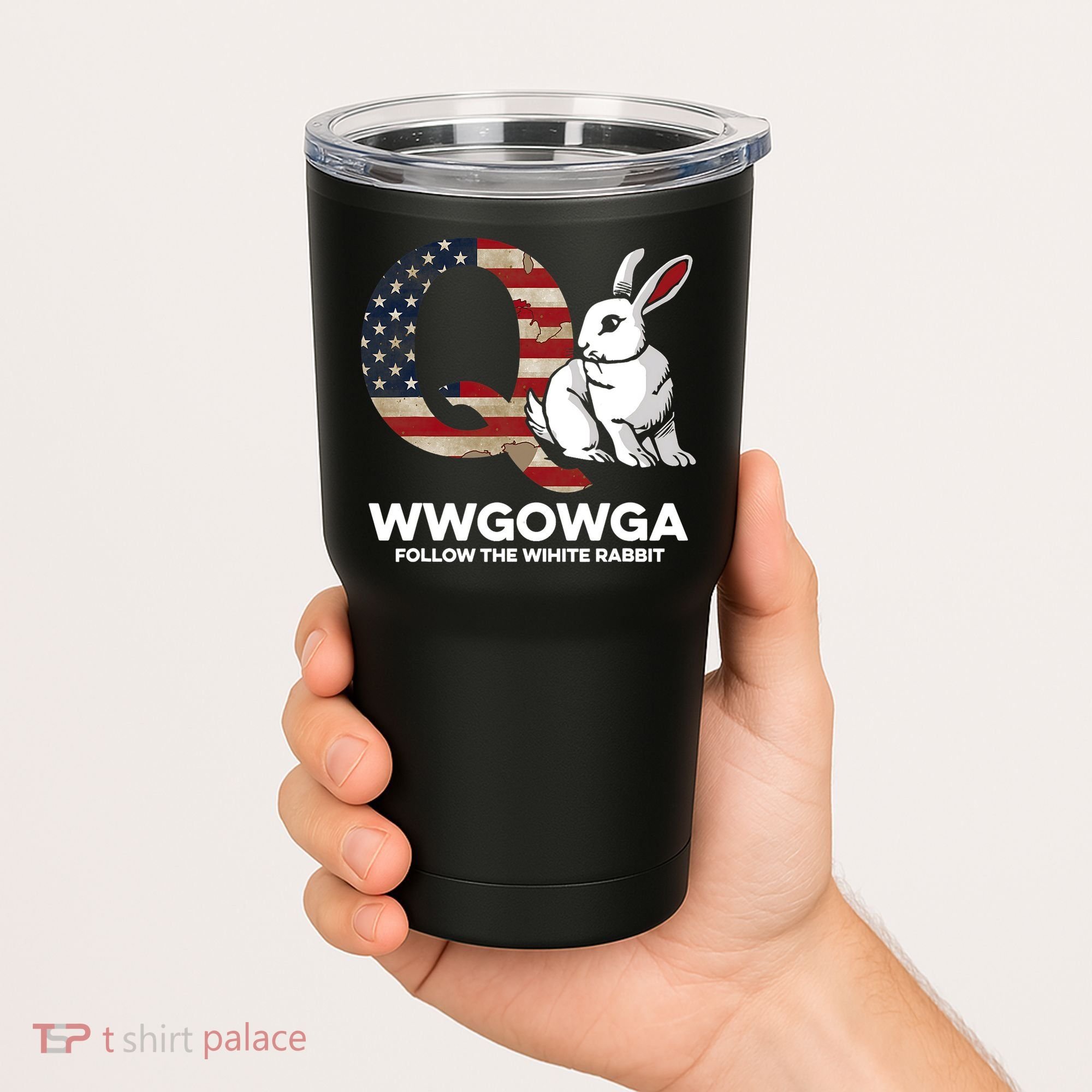 White Rabbit US Flag Q Anon Tumbler