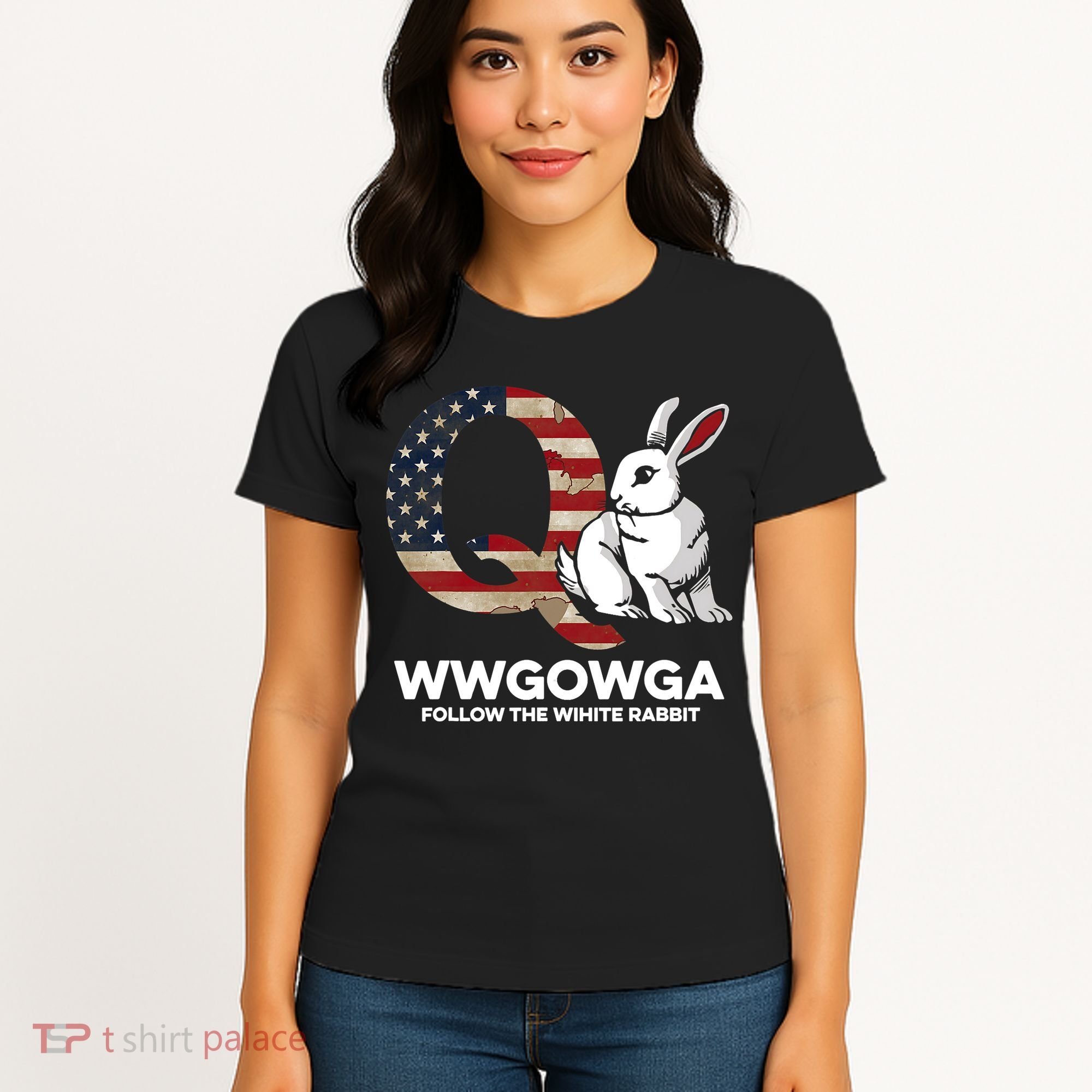White Rabbit US Flag Q Anon Women's T-Shirt