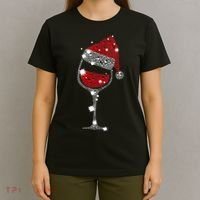 Womens Red Wine Glass Christmas Tee Funny Santa Hat Xmas Gift VNeck TShirt T-Shirt thumb 4