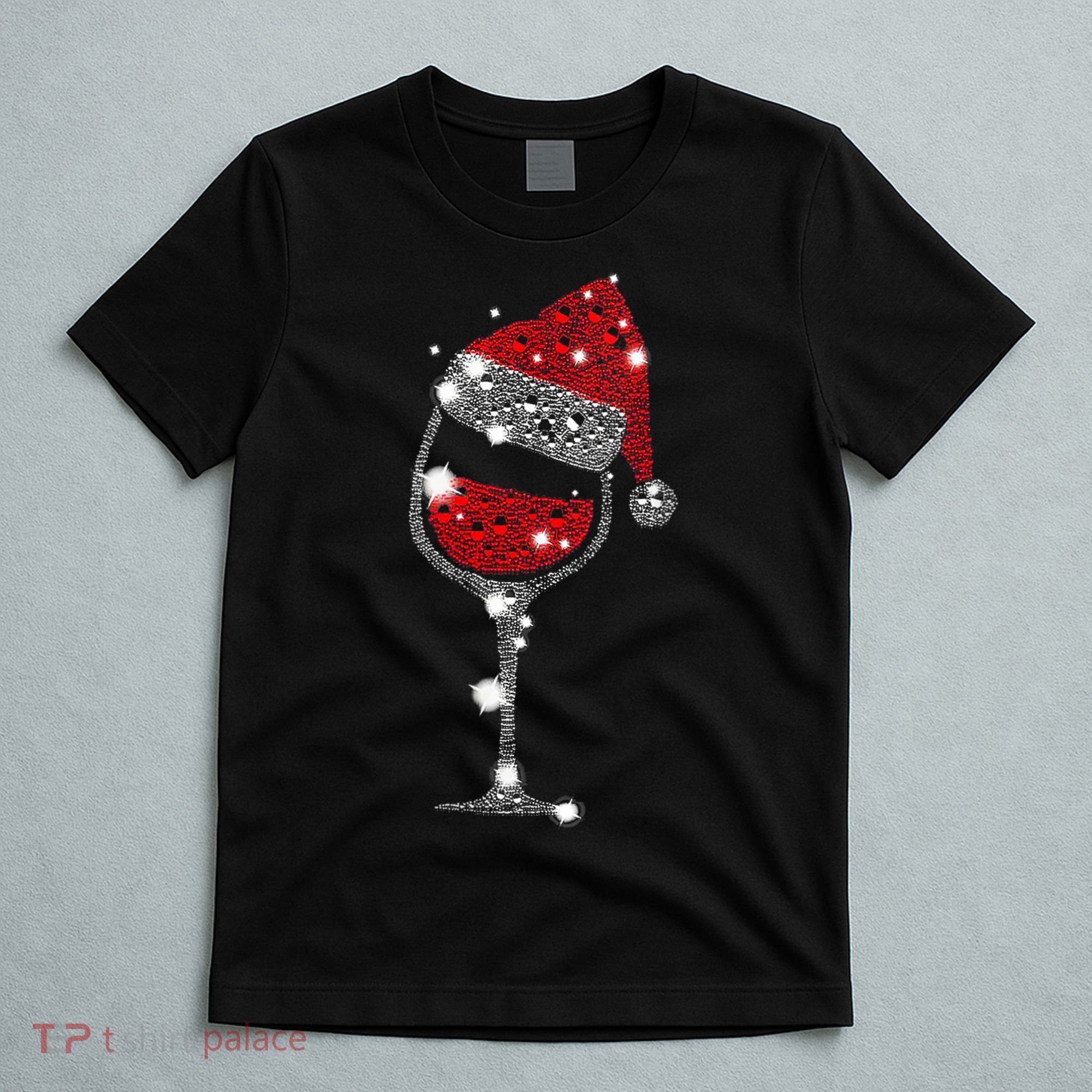 Womens Red Wine Glass Christmas Tee Funny Santa Hat Xmas Gift VNeck TShirt T-Shirt