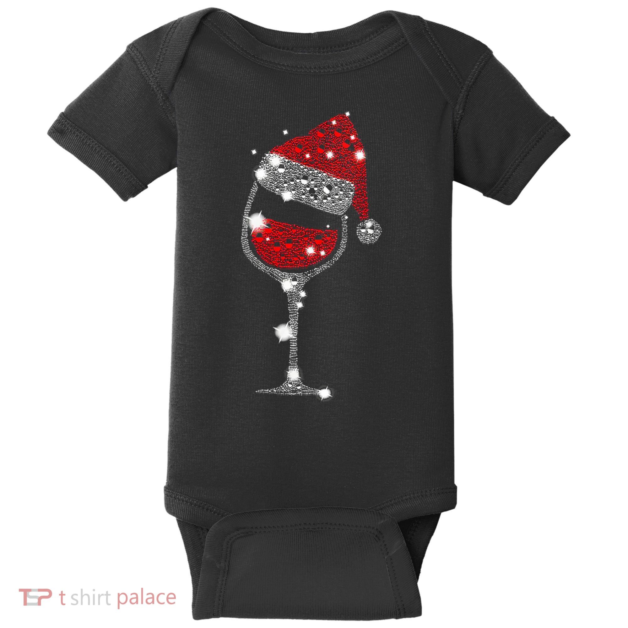 Womens Red Wine Glass Christmas Tee Funny Santa Hat Xmas Gift VNeck TShirt Baby Bodysuit