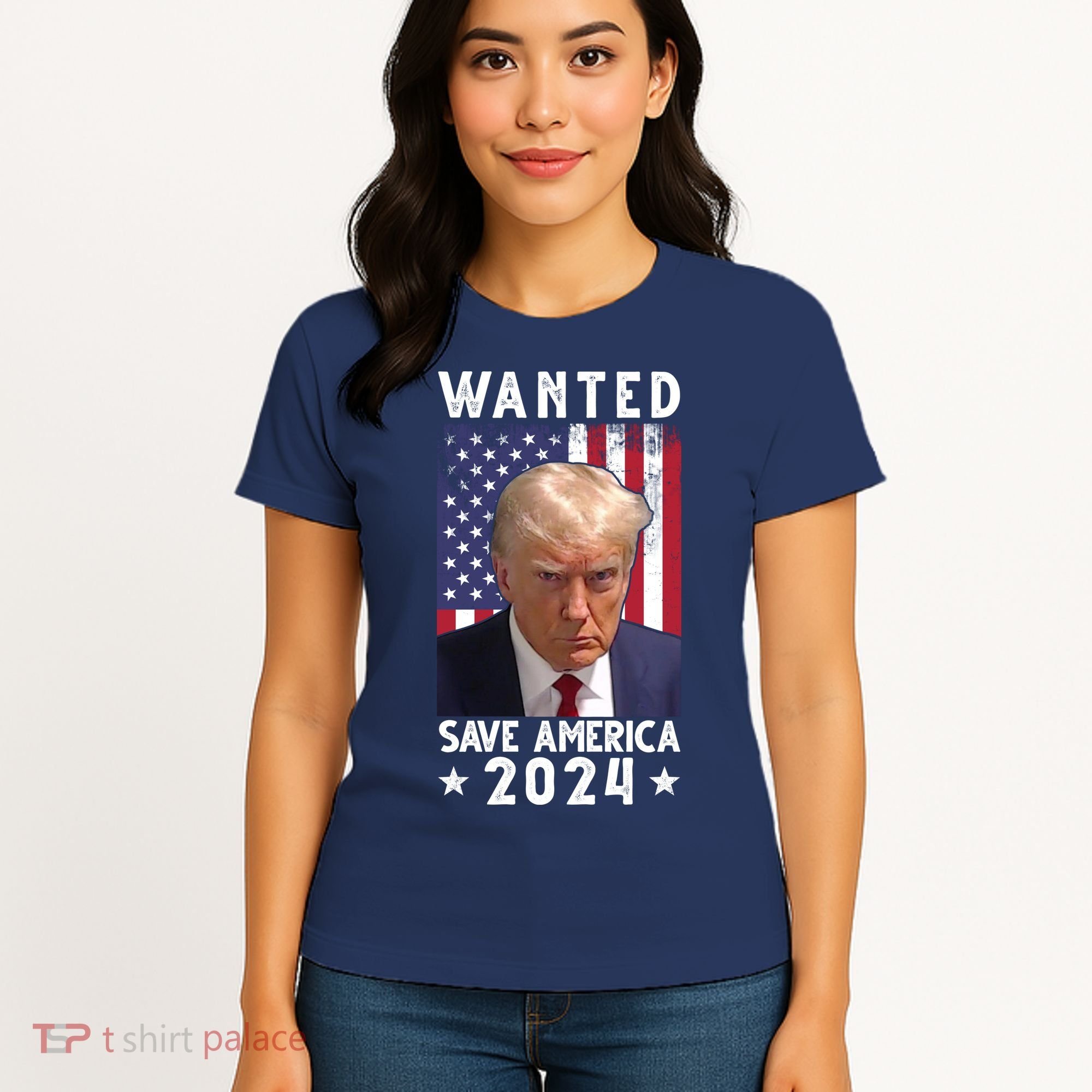Wanted Save America 2024 Donald Trump USA Flag Women's T-Shirt