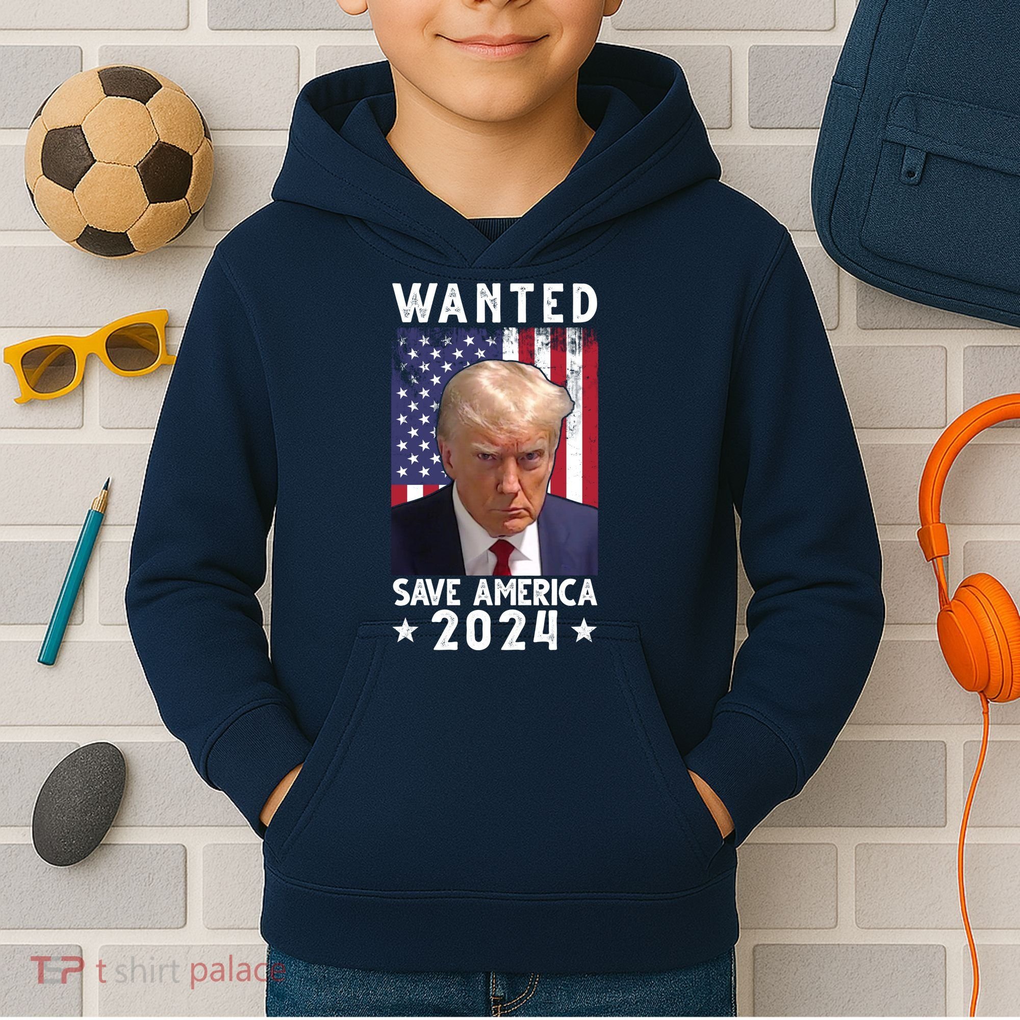 Wanted Save America 2024 Donald Trump USA Flag Kids Hoodie