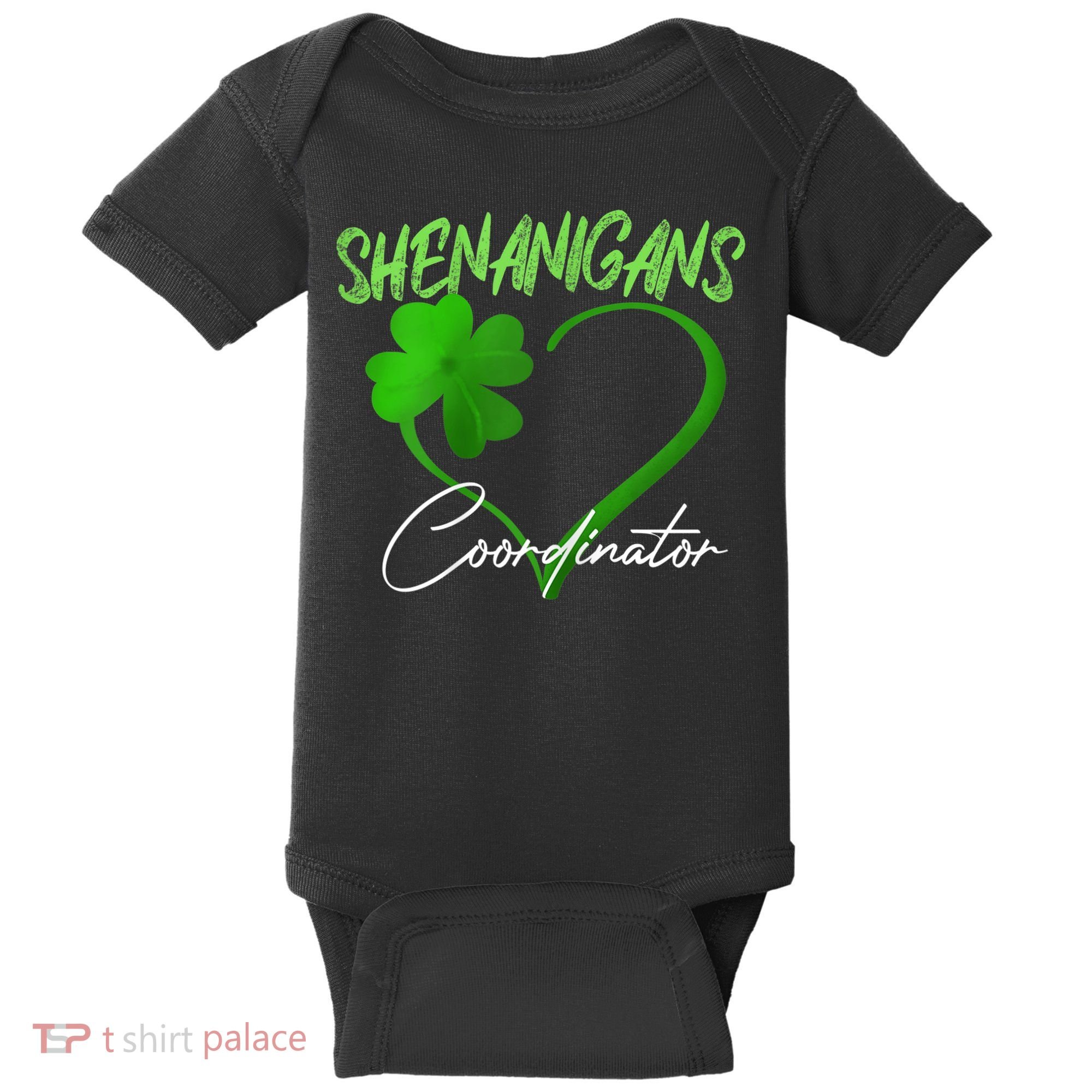 Wo Shenanigans Coordinator Green Heart Shamrock St Patricks Day Baby Bodysuit