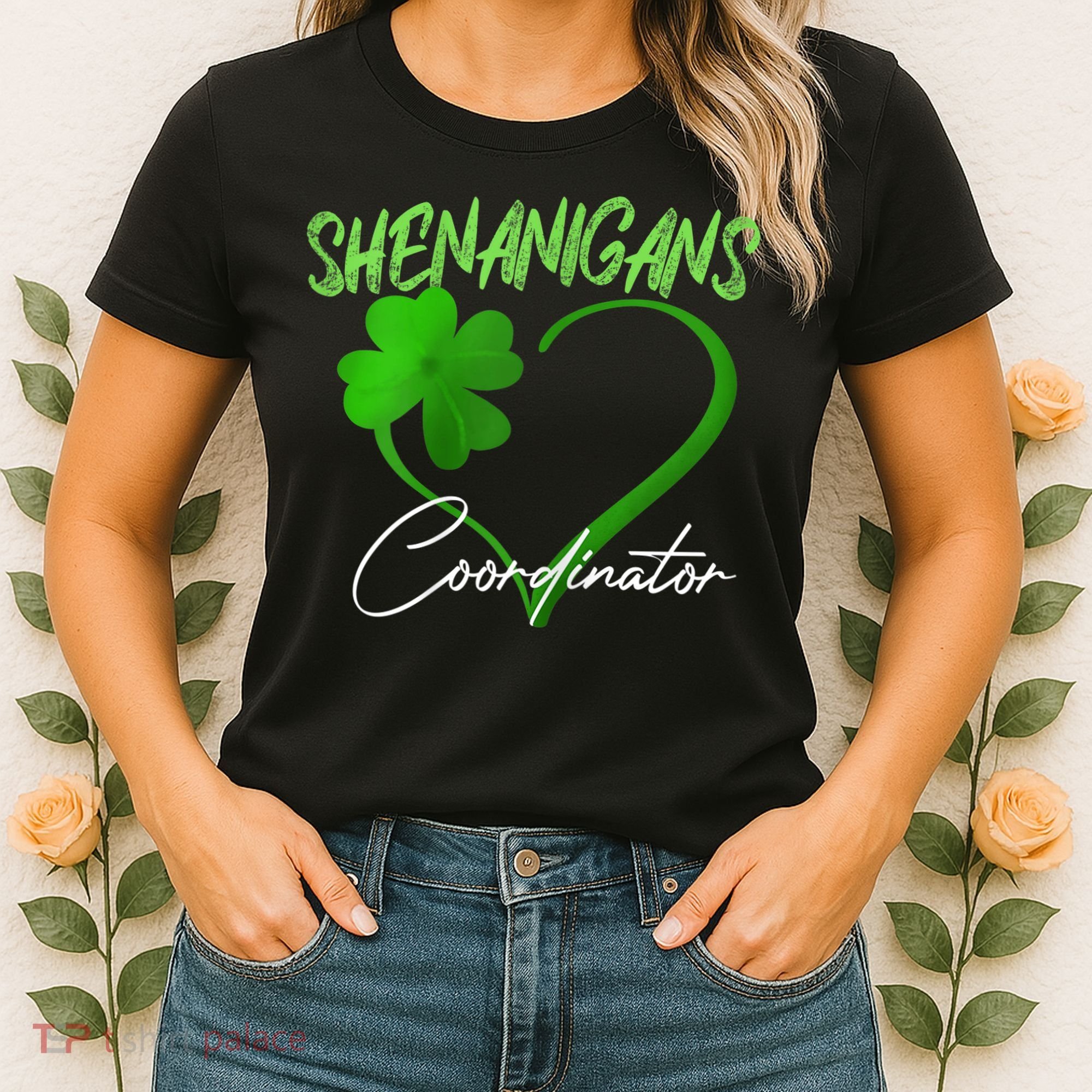 Wo Shenanigans Coordinator Green Heart Shamrock St Patricks Day Women's T-Shirt