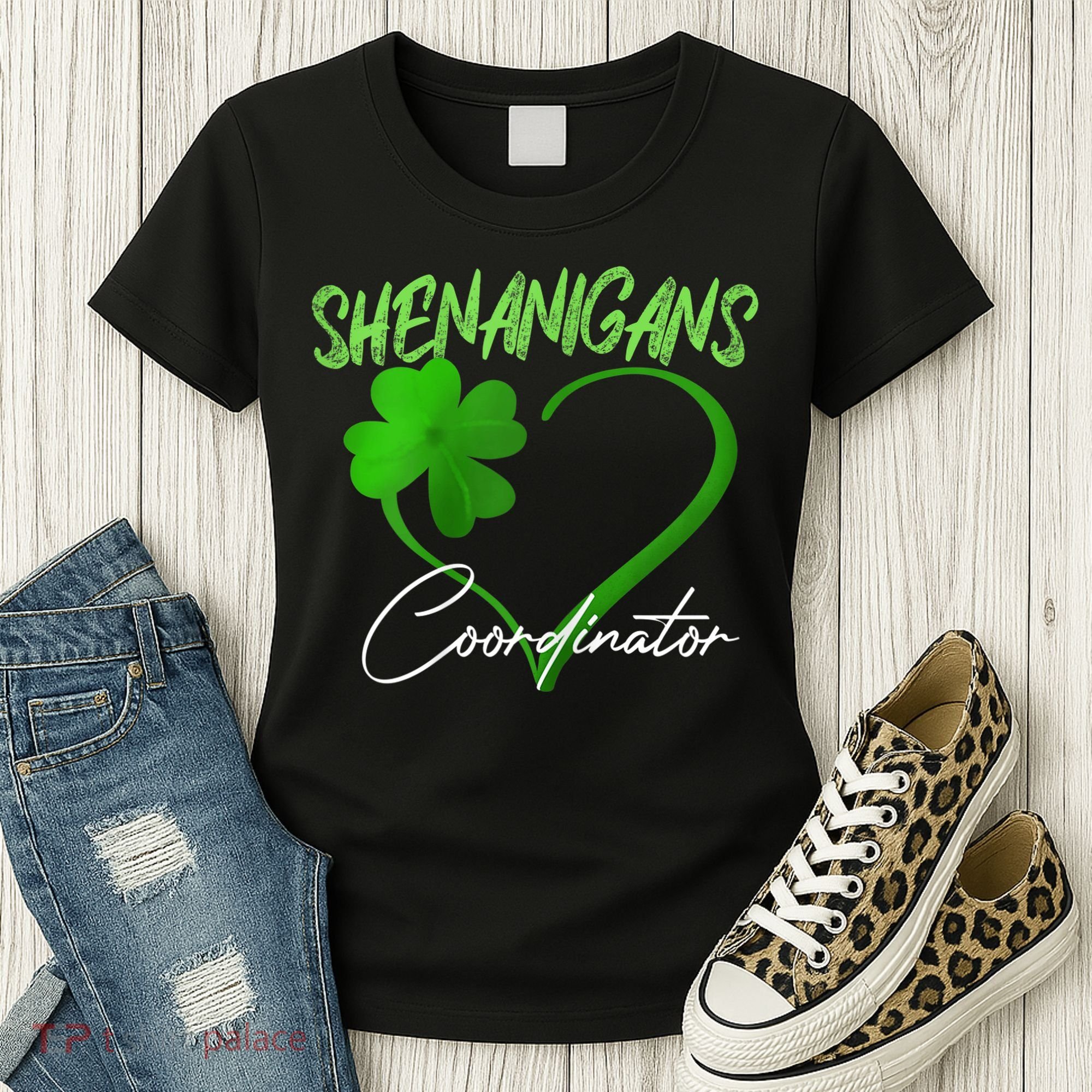 Wo Shenanigans Coordinator Green Heart Shamrock St Patricks Day Women's T-Shirt
