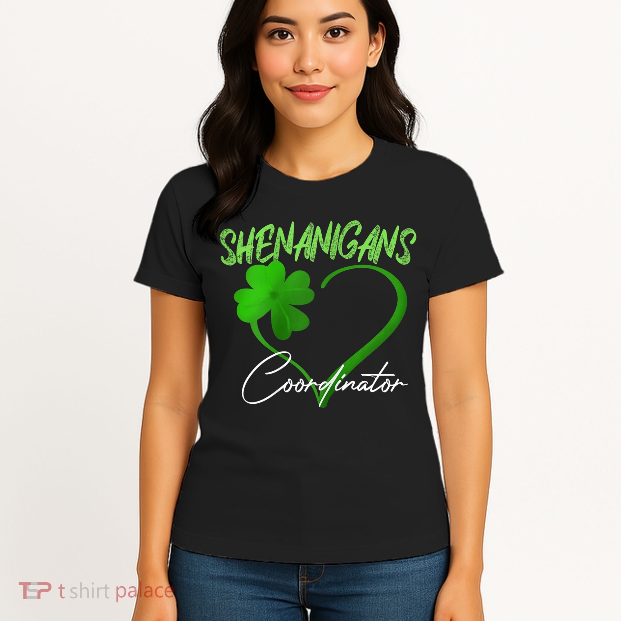 Wo Shenanigans Coordinator Green Heart Shamrock St Patricks Day Women's T-Shirt