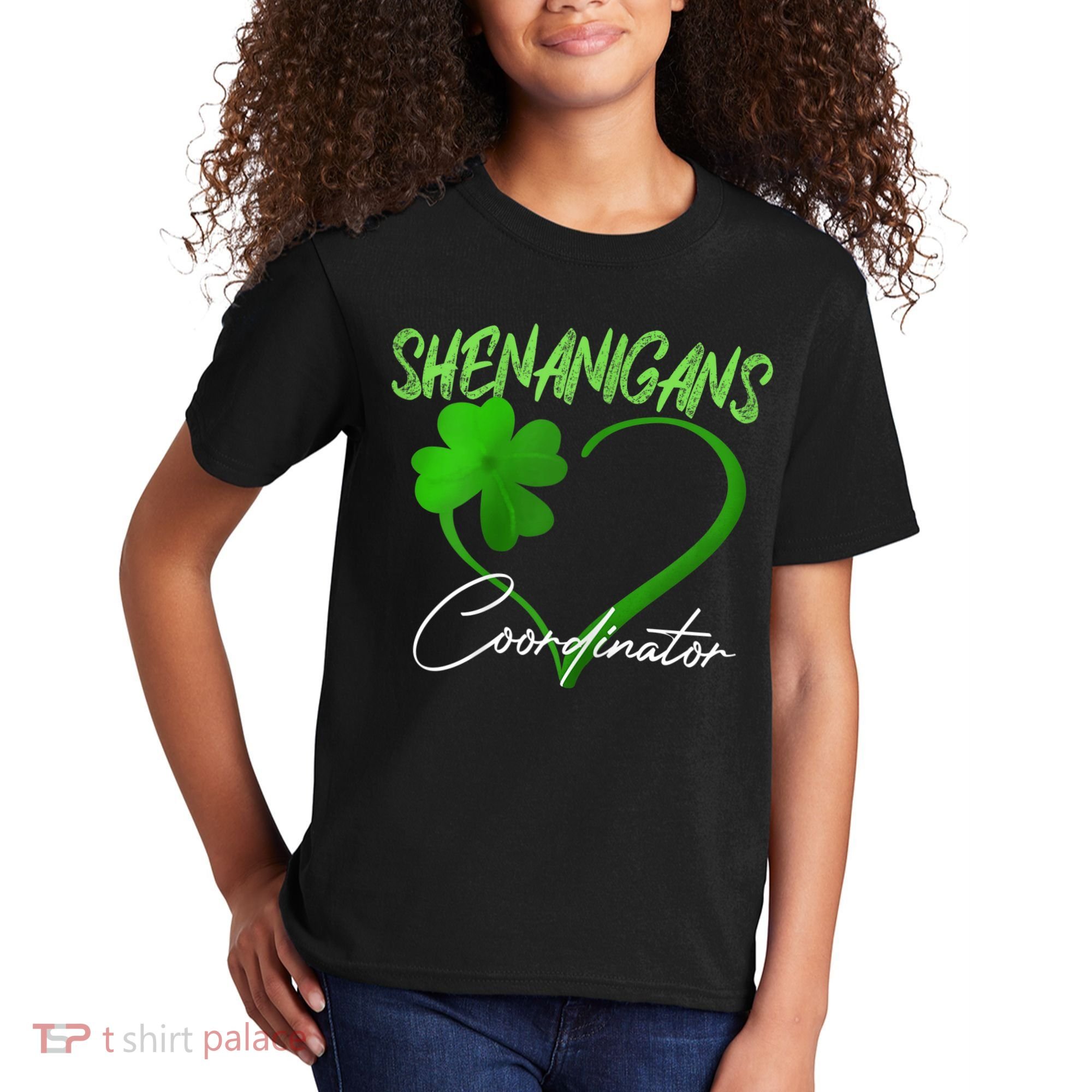 Wo Shenanigans Coordinator Green Heart Shamrock St Patricks Day Kids T-Shirt