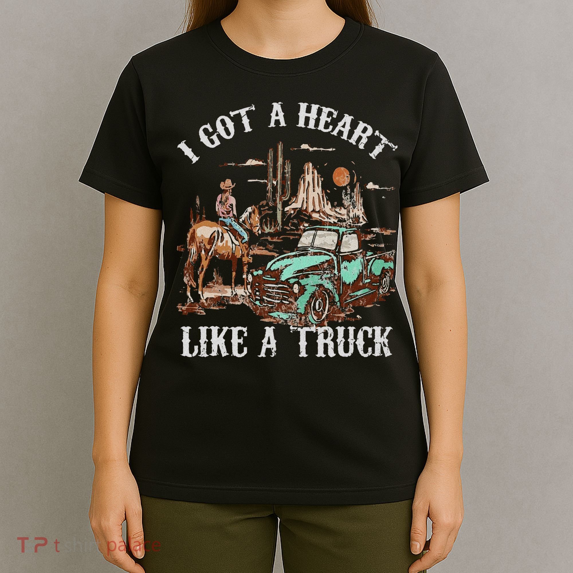 Western Sunset Cow I Got A Heart Like A Truck Vintage T-Shirt