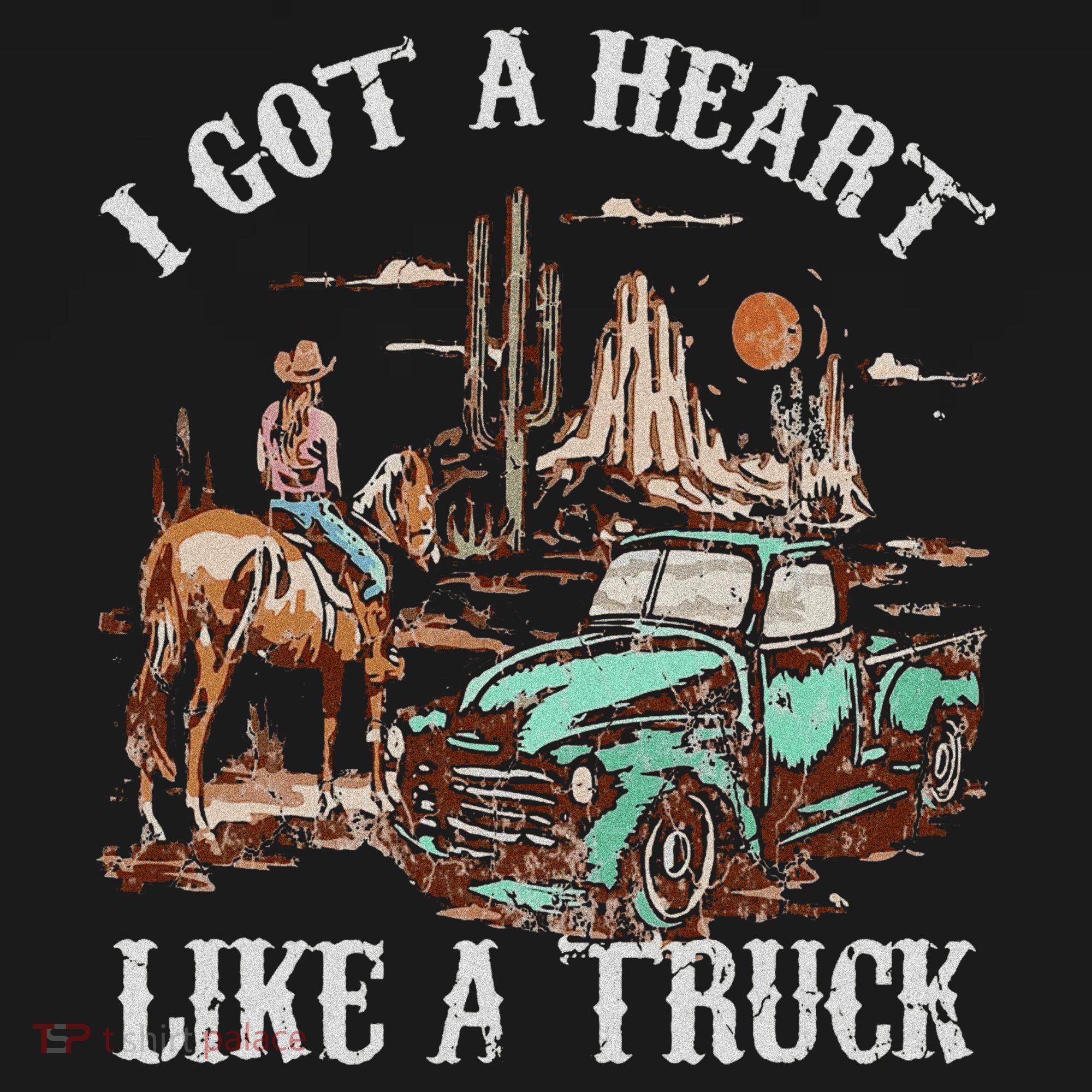 Western Sunset Cow I Got A Heart Like A Truck Vintage T-Shirt