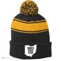 Worst State Ever, Ohio Sucks Gift Stripe Pom Pom Beanie thumb 0