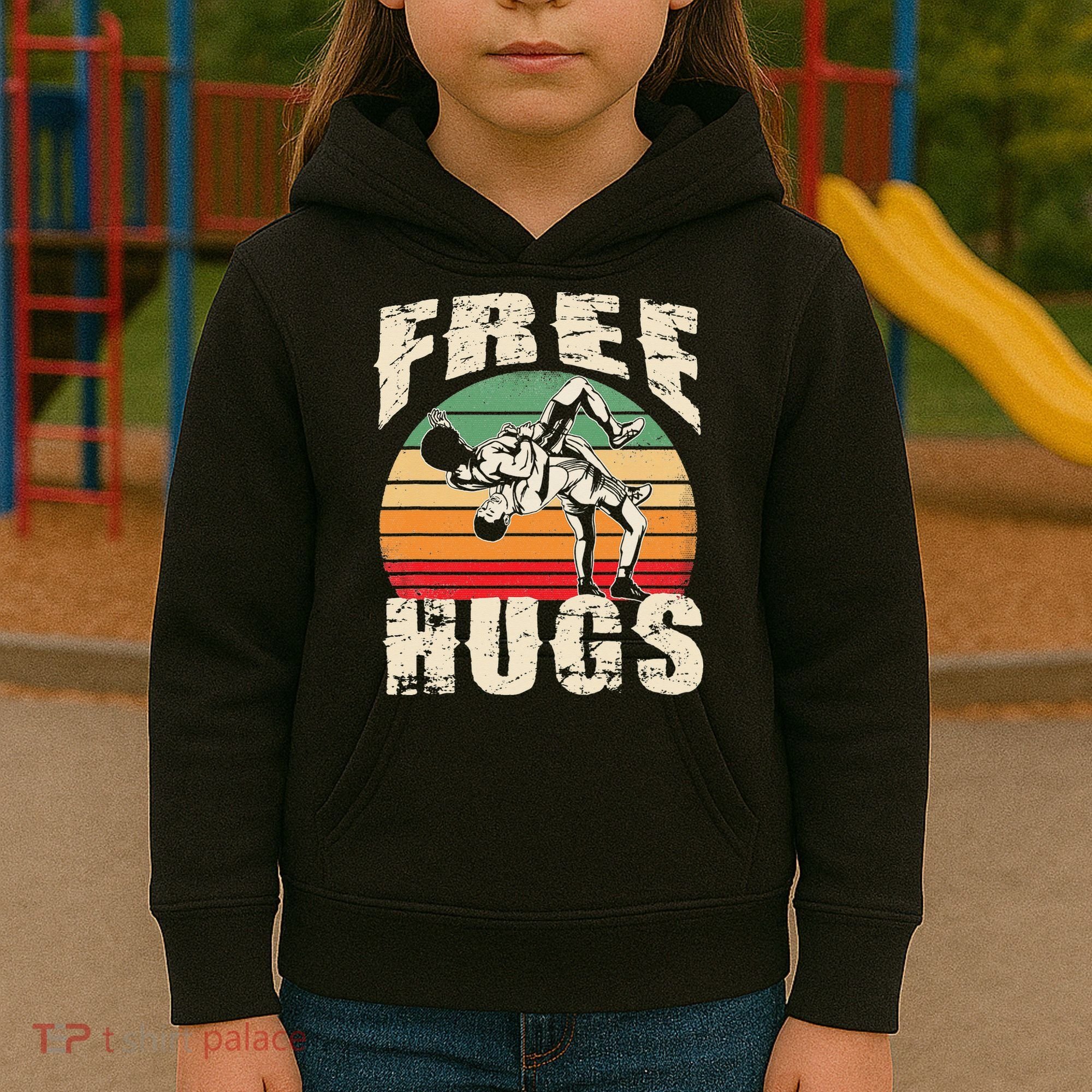 Wrestling Shirts  Funny Free Hugs Wrestling  Coach Kids Hoodie
