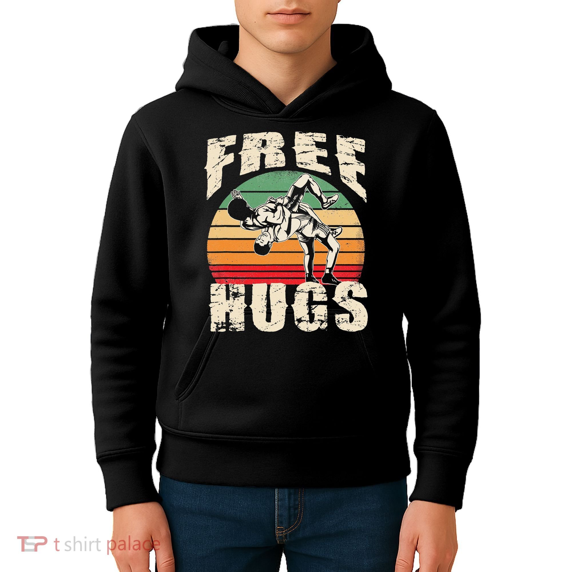 Wrestling Shirts  Funny Free Hugs Wrestling  Coach Kids Hoodie