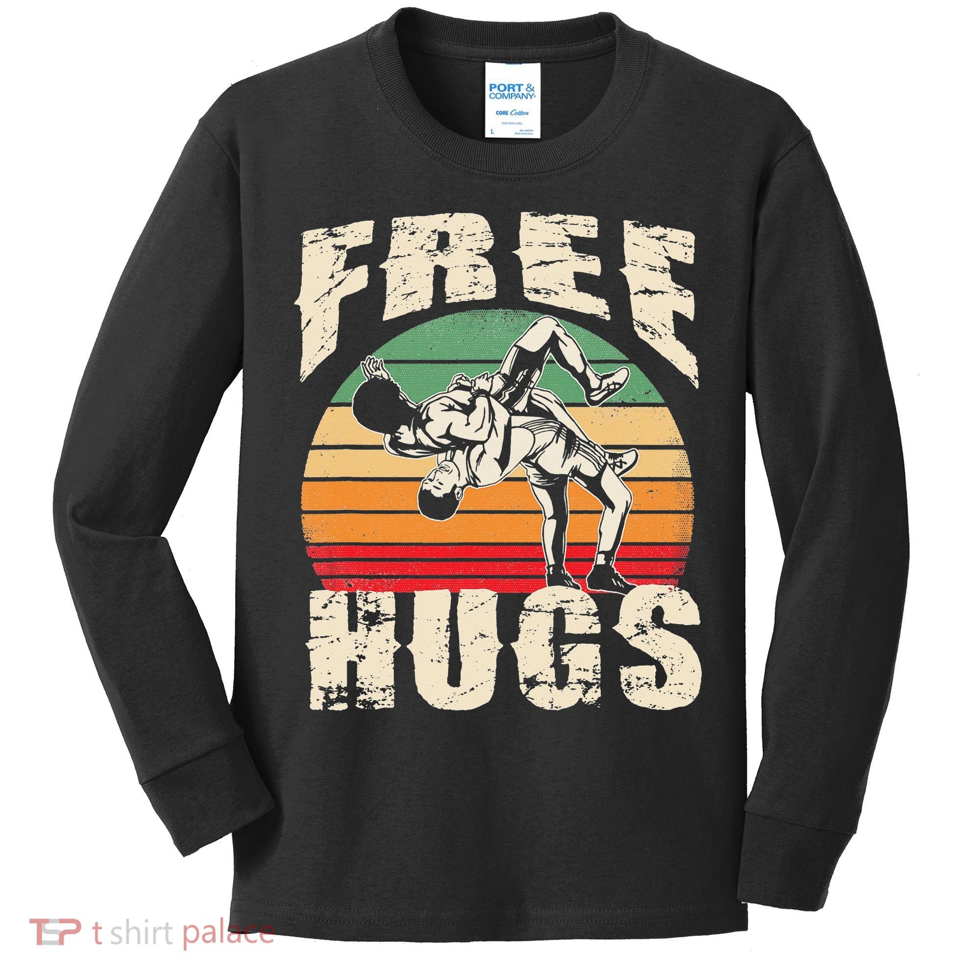 Wrestling Shirts  Funny Free Hugs Wrestling  Coach Kids Long Sleeve Shirt
