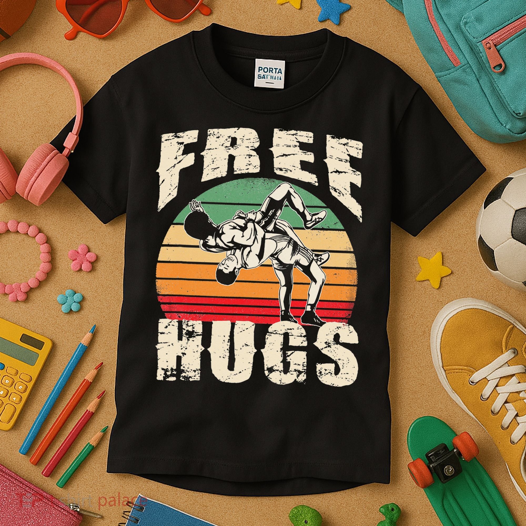 Wrestling Shirts  Funny Free Hugs Wrestling  Coach Kids T-Shirt