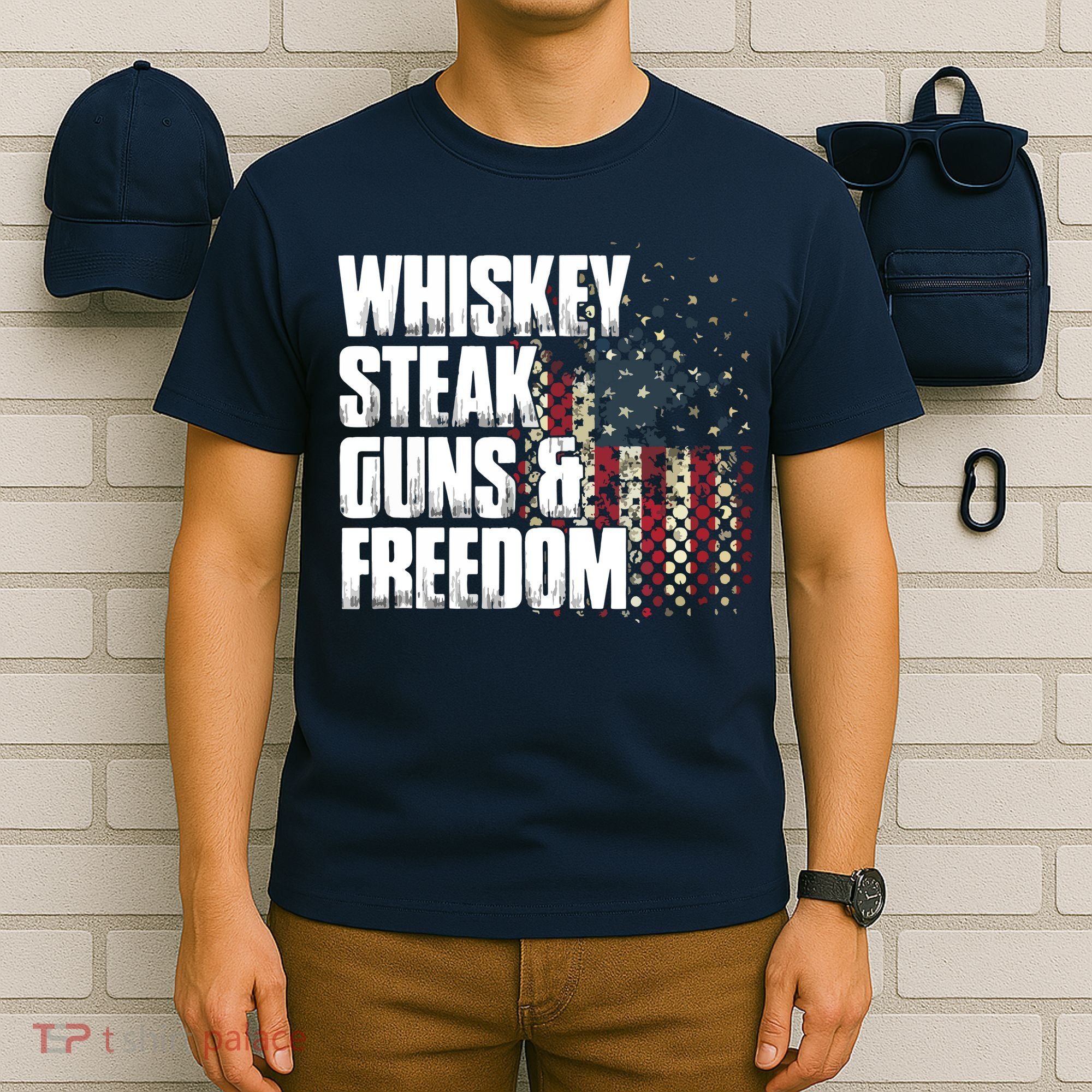 Whiskey Steak Guns Freedom Patriotic Flag Gift T-Shirt